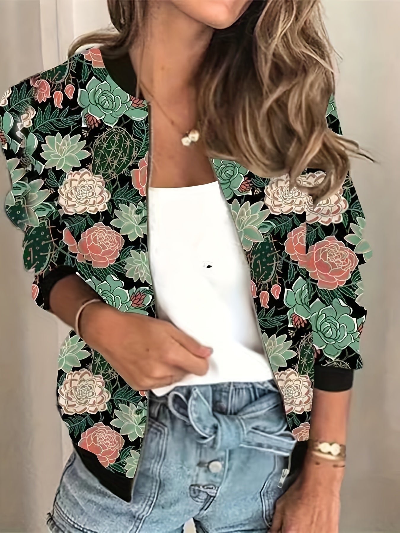 vlovelaw Graphic Print Zipper Jacket, Casual Baseball Neck Long Sleeve Outerwear, Women's Clothing