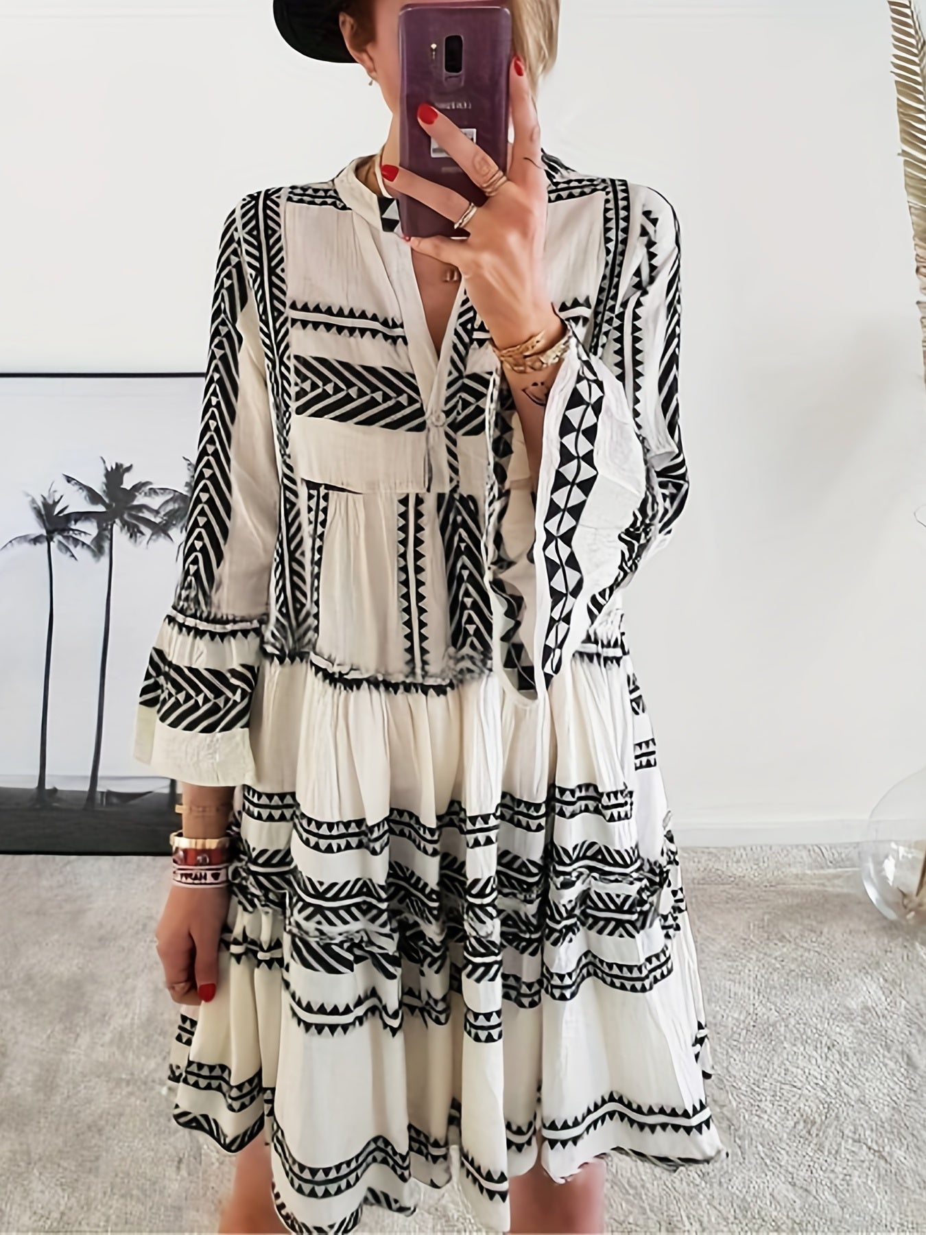 vlovelaw Tribal Print Dress, Vacation Pleated Flared Sleeve Dress, Women's Clothing