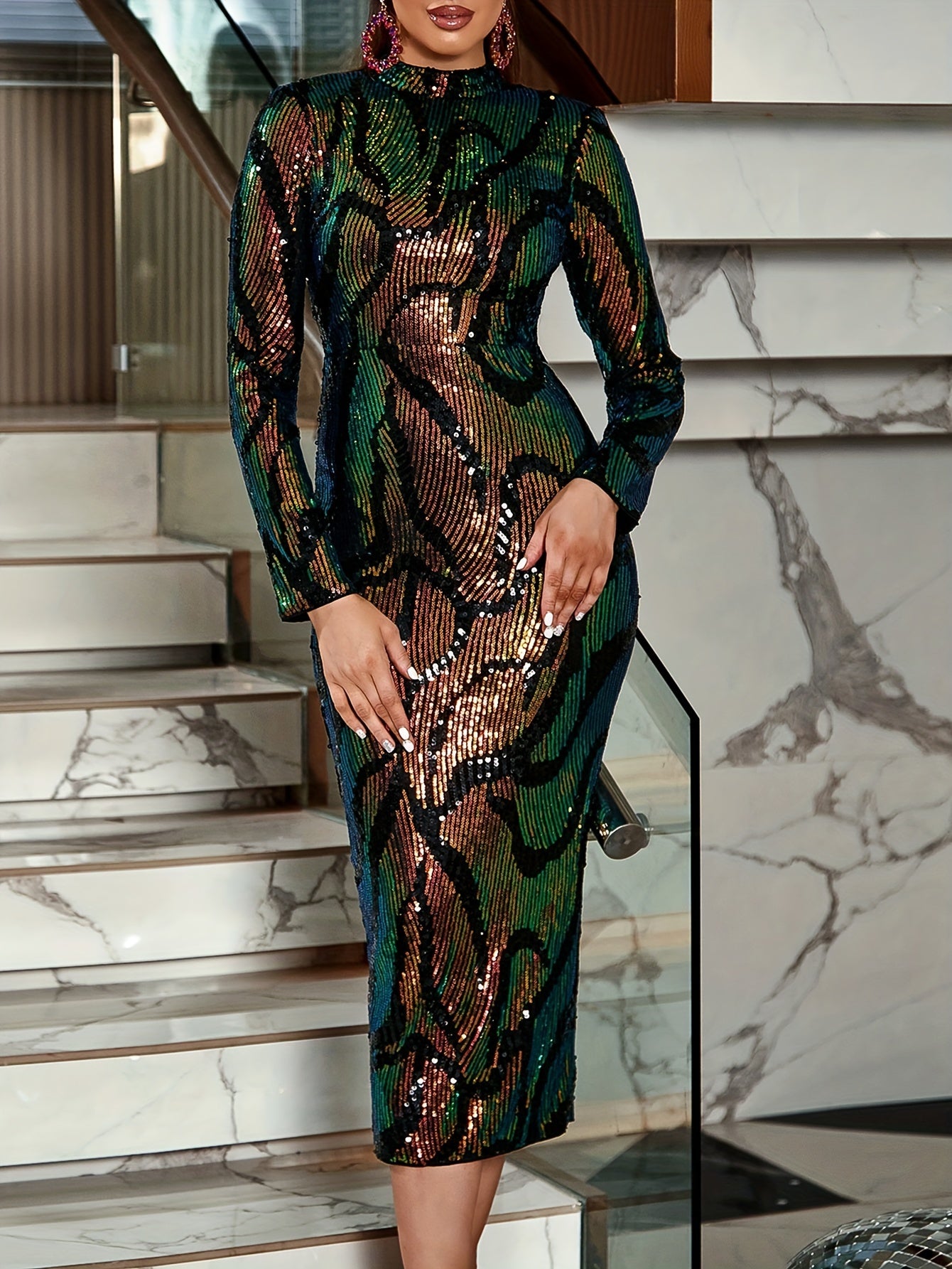 vlovelaw Sequin Mock Neck Bodycon Dress, Vintage Long Sleeve Dress For Spring & Fall, Women's Clothing