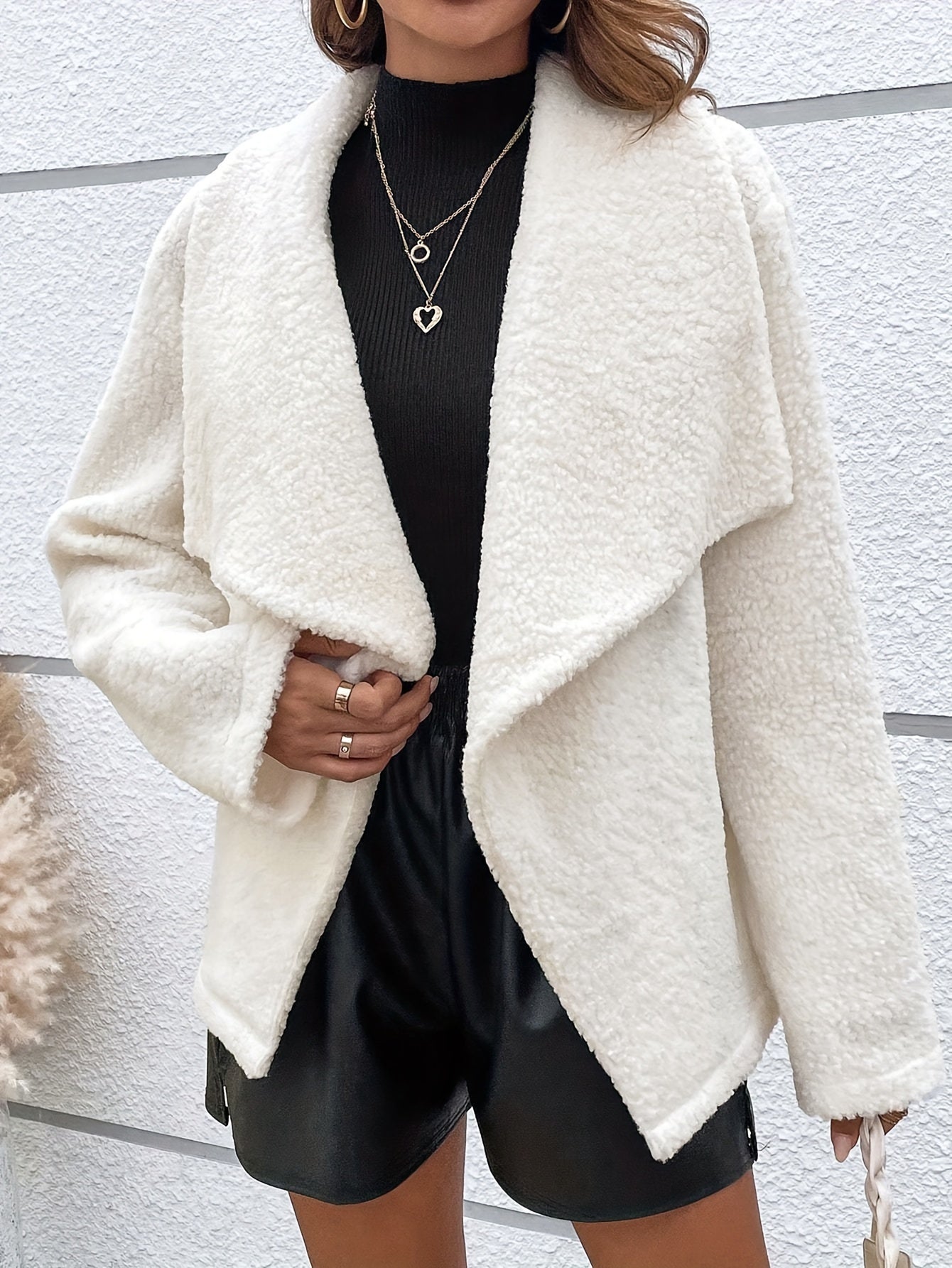 vlovelaw Fuzzy Waterfall Collar Coat, Casual Open Front Long Sleeve Warm Outerwear, Women's Clothing