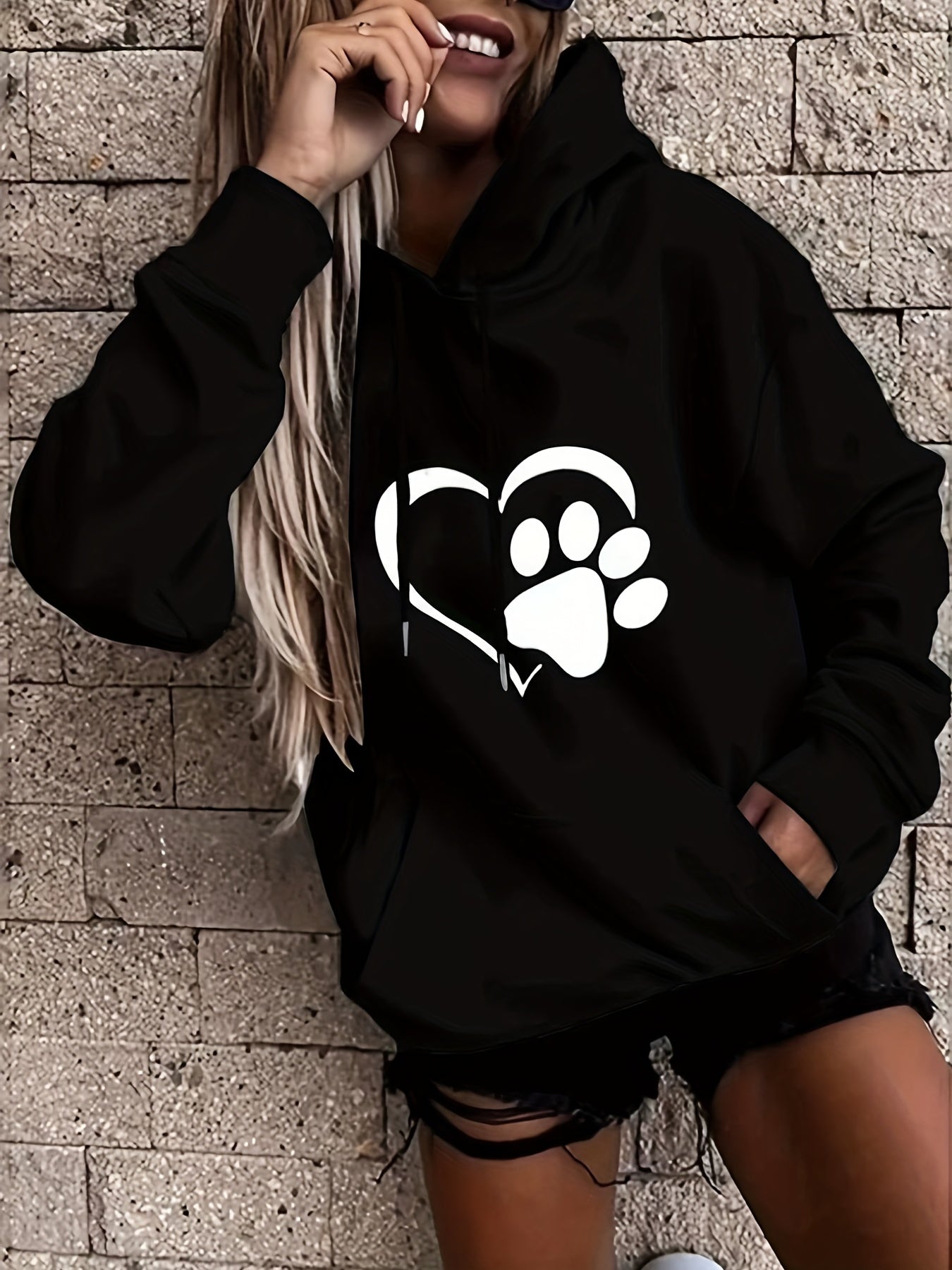vlovelaw Plus Size Casual Sweatshirt, Women's Plus Paw Heart Print Long Sleeve Medium Stretch Drawstring Hoodie With Pocket