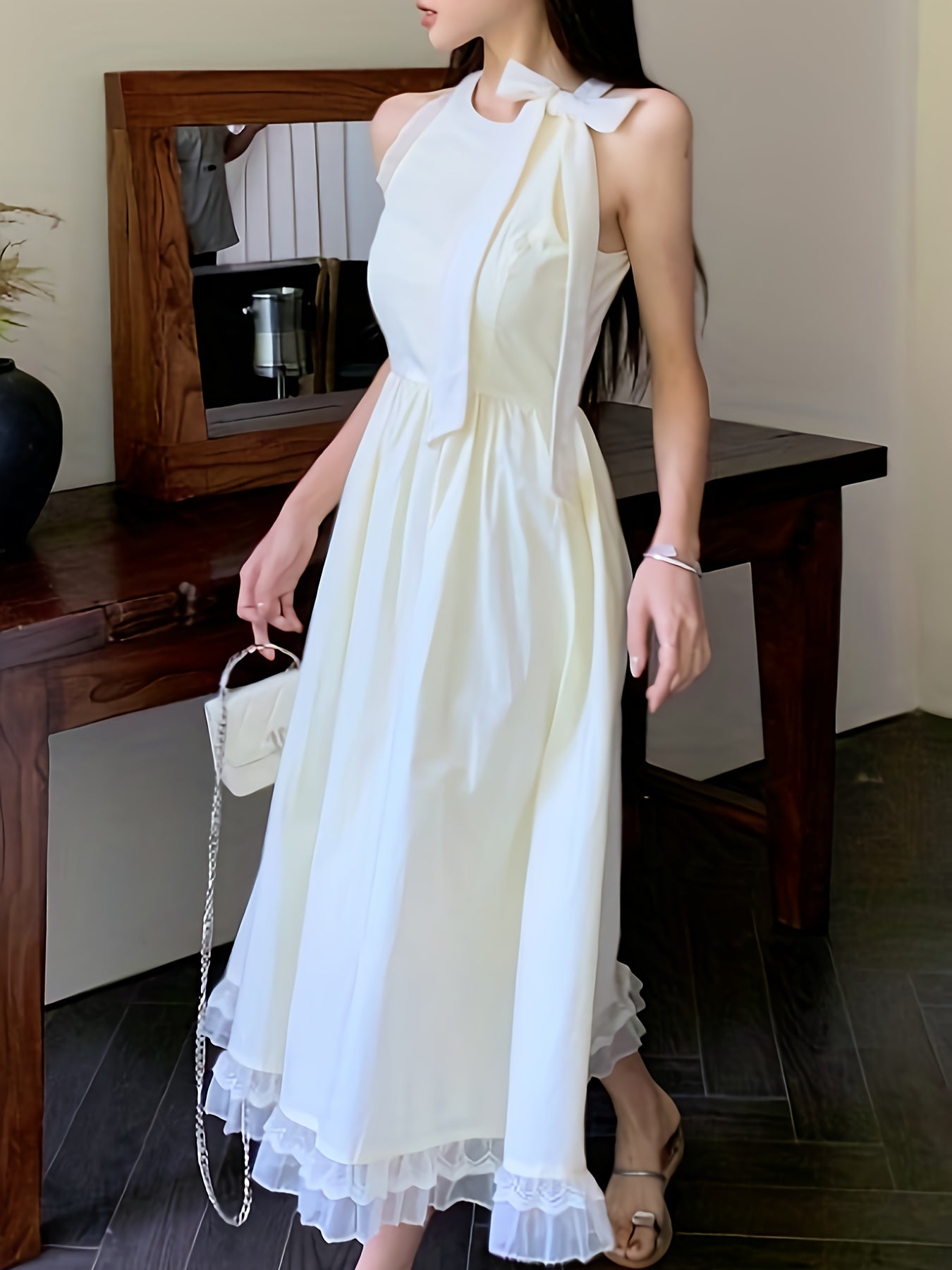 vlovelaw Solid Mesh Splicing Tie Neck Dress, Elegant Sleeveless Ruffle Hem Swing Dress For Spring & Summer, Women's Clothing