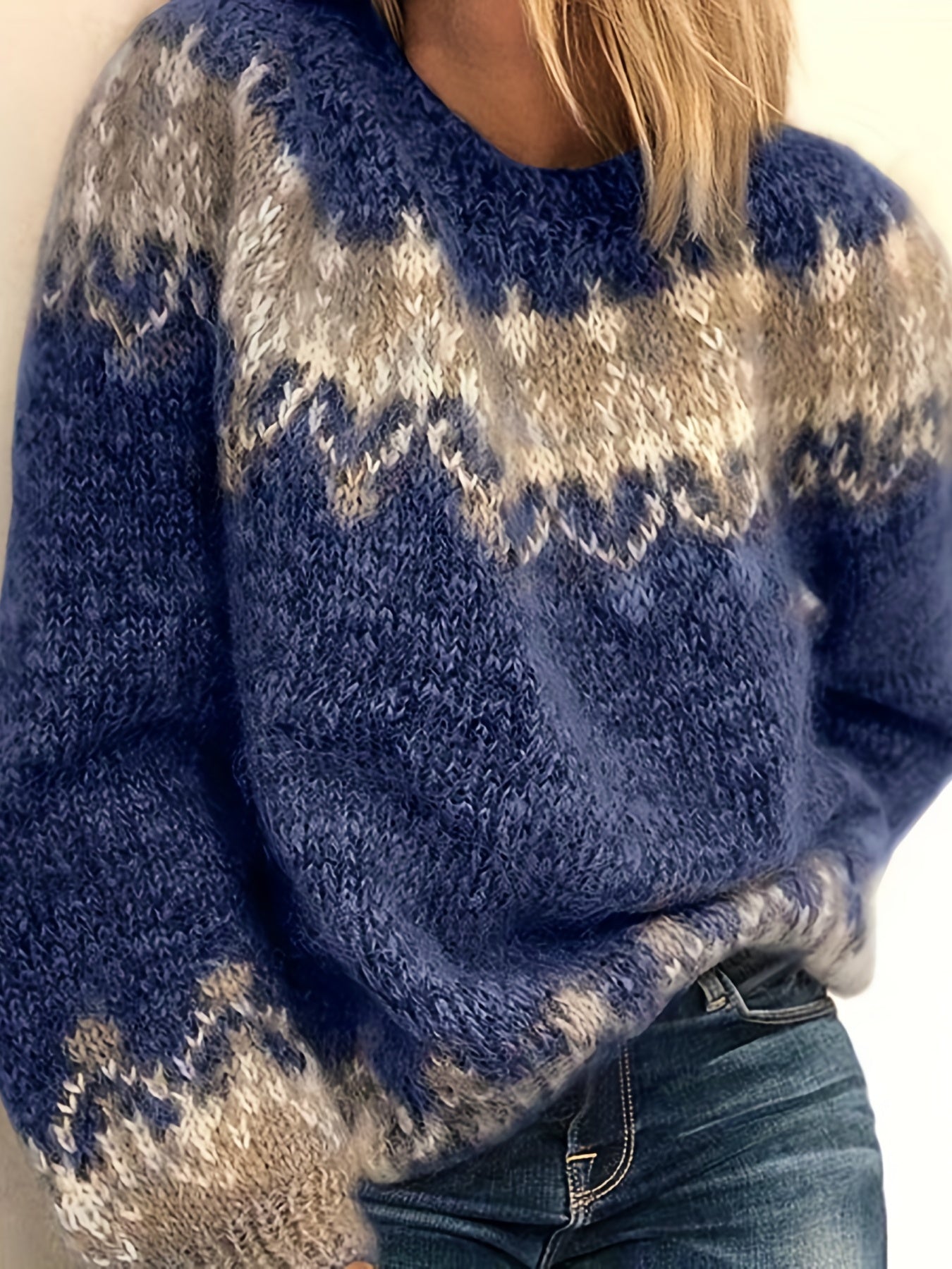 Color Block Mohair Chunky Knit Pullover Sweater, Casual Long Sleeve Raglan Shoulder Sweater For Fall & Winter, Women's Clothing