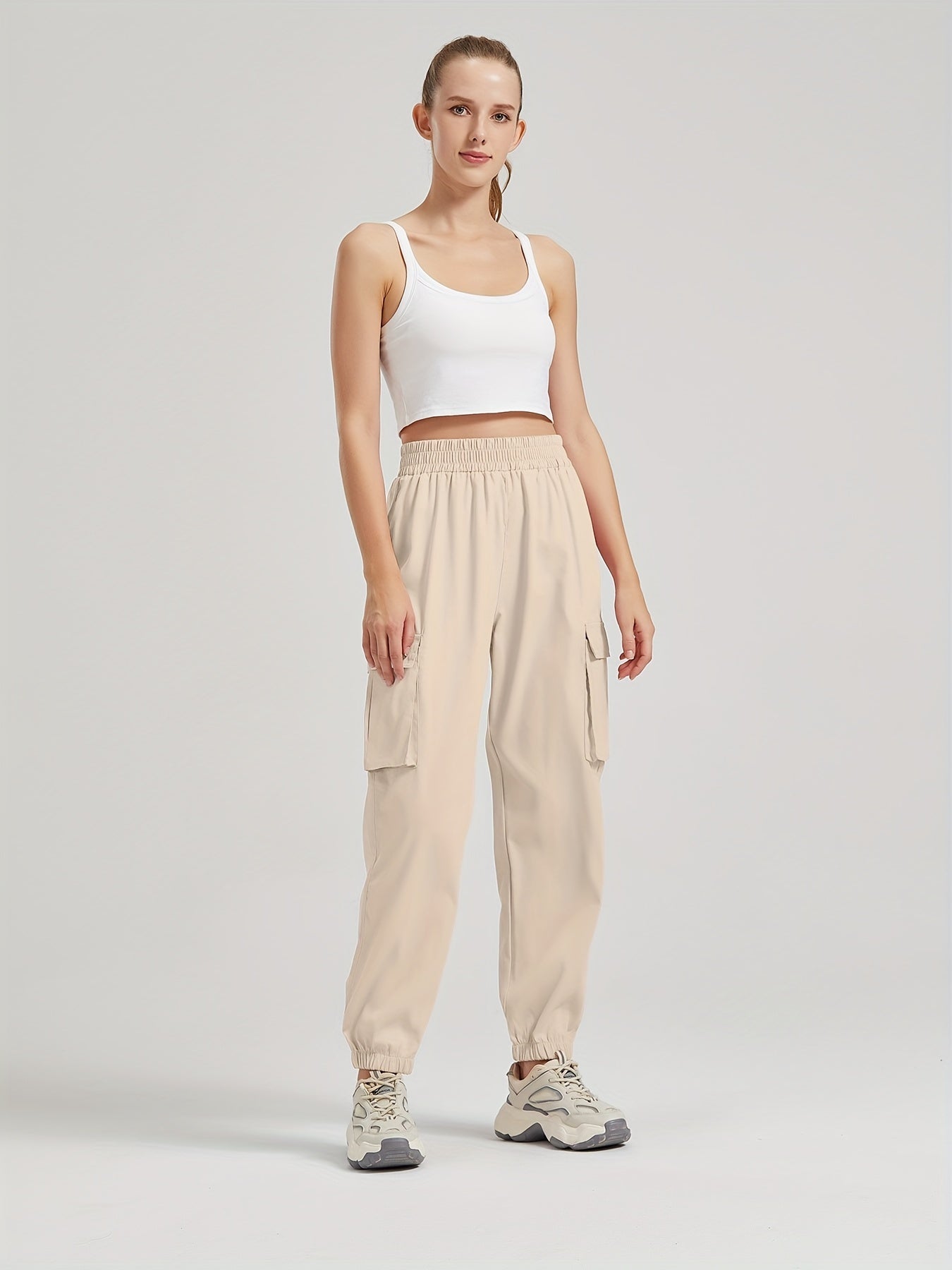 vlovelaw Solid Color Casual Joggers Sweatpant, Cargo Loose High Waisted Pants With Pockets, Women's Athleisure