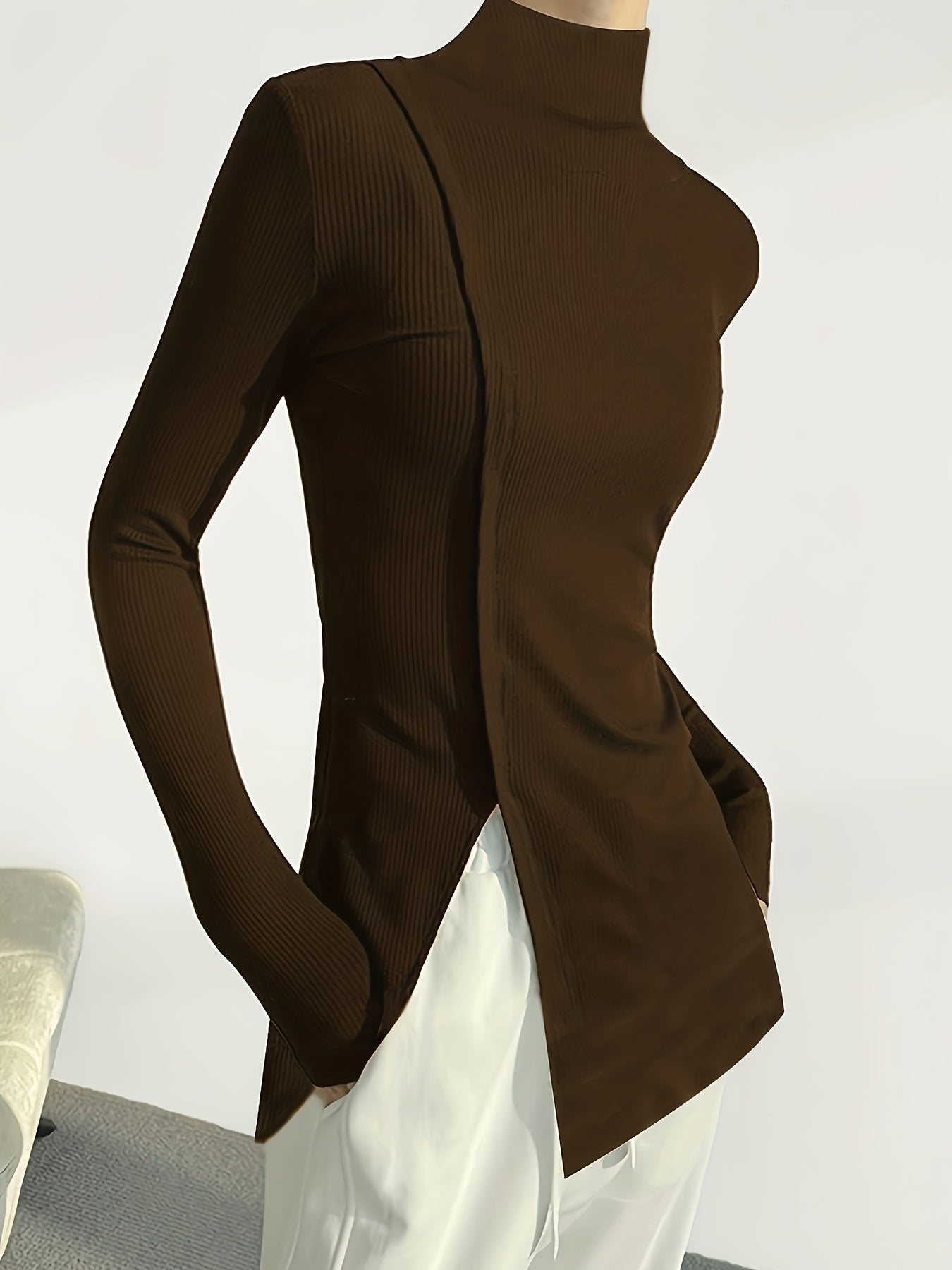 Solid Split Hem Mock Neck Top, Elegant Long Sleeve T-Shirt For Spring & Fall, Women's Clothing