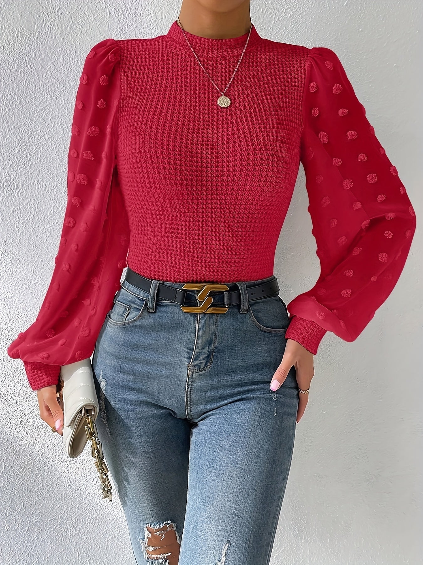 vlovelaw Swiss Dot Mock Neck Blouse, Casual Long Lantern Sleeve Blouse For Spring & Fall, Women's Clothing