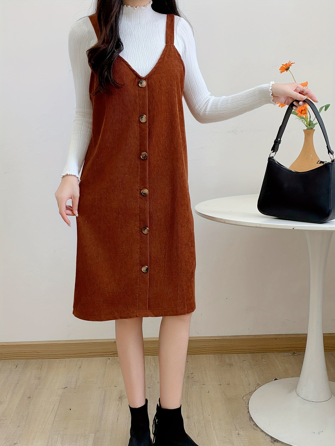 vlovelaw Button Front Solid Overall Dress, Casual V Neck Sleeveless Dress, Women's Clothing