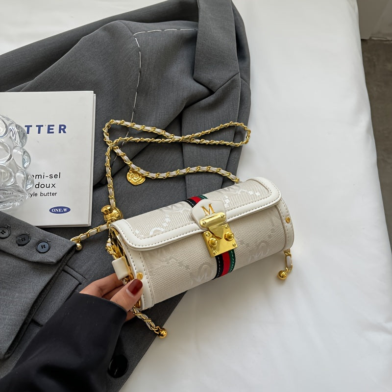 vlovelaw Letter Print Boston Bag, Trendy PU Leather Crossbody Bag, Women's Chain Cylinder Bucket Bag