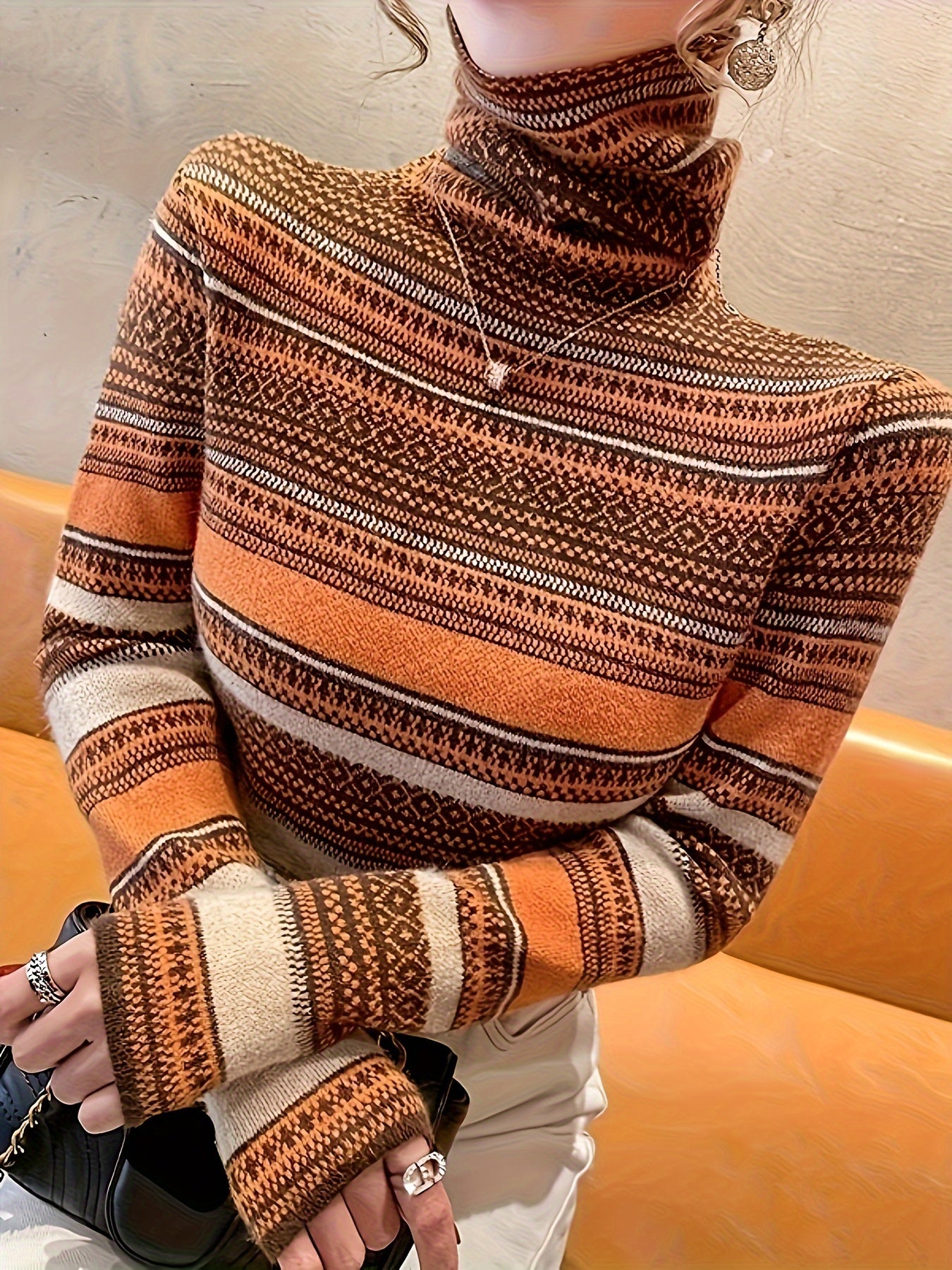 vlovelaw Stripes Print Turtle Neck Pullover Sweater, Elegant Long Sleeve Knitted Sweater For Fall & Winter, Women's Clothing