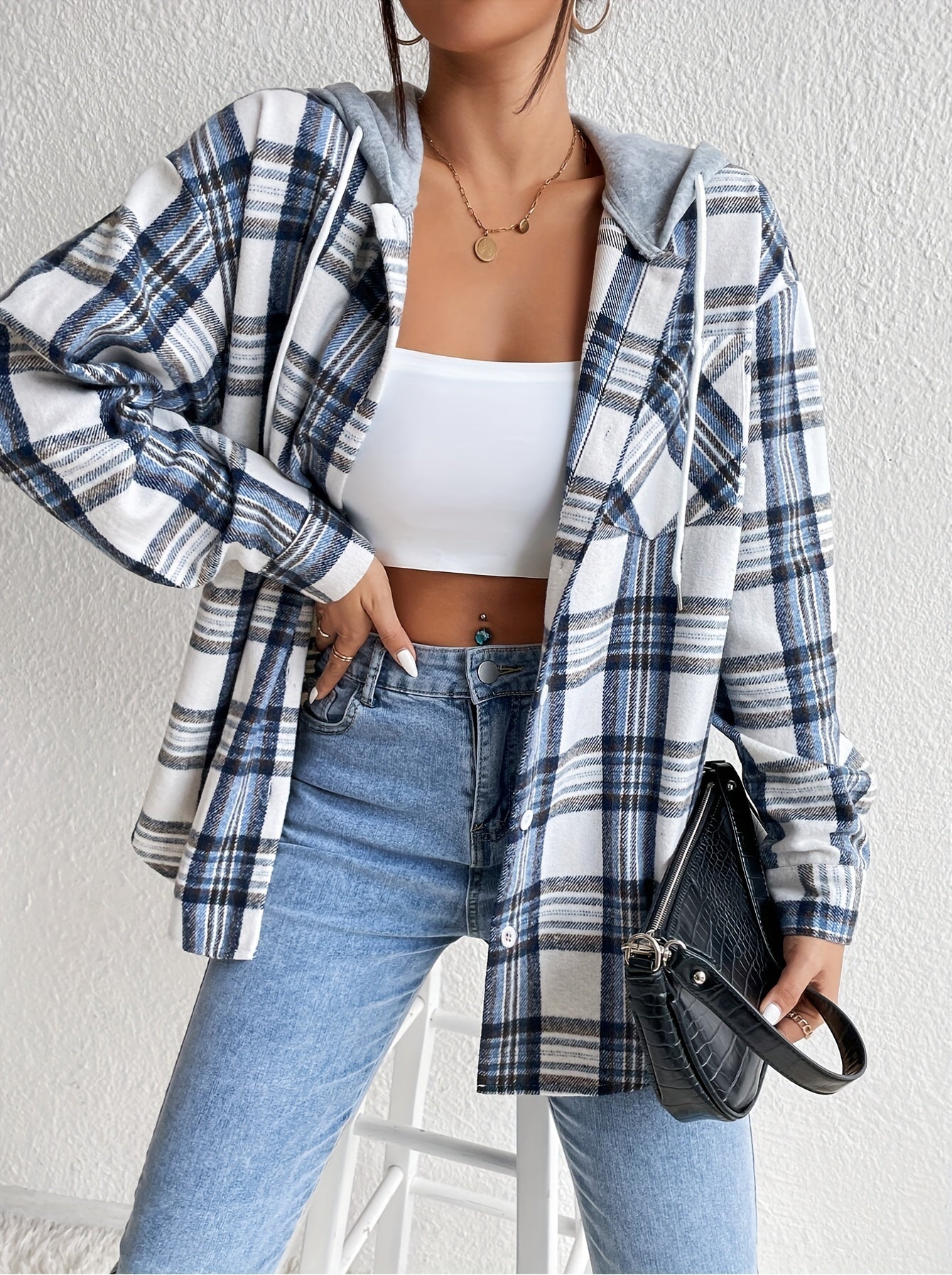 vlovelaw  Button Plaid Hoodie Drawstring Jacket, Casual Long Sleeve Jacket For Fall & Winter, Women's Clothing
