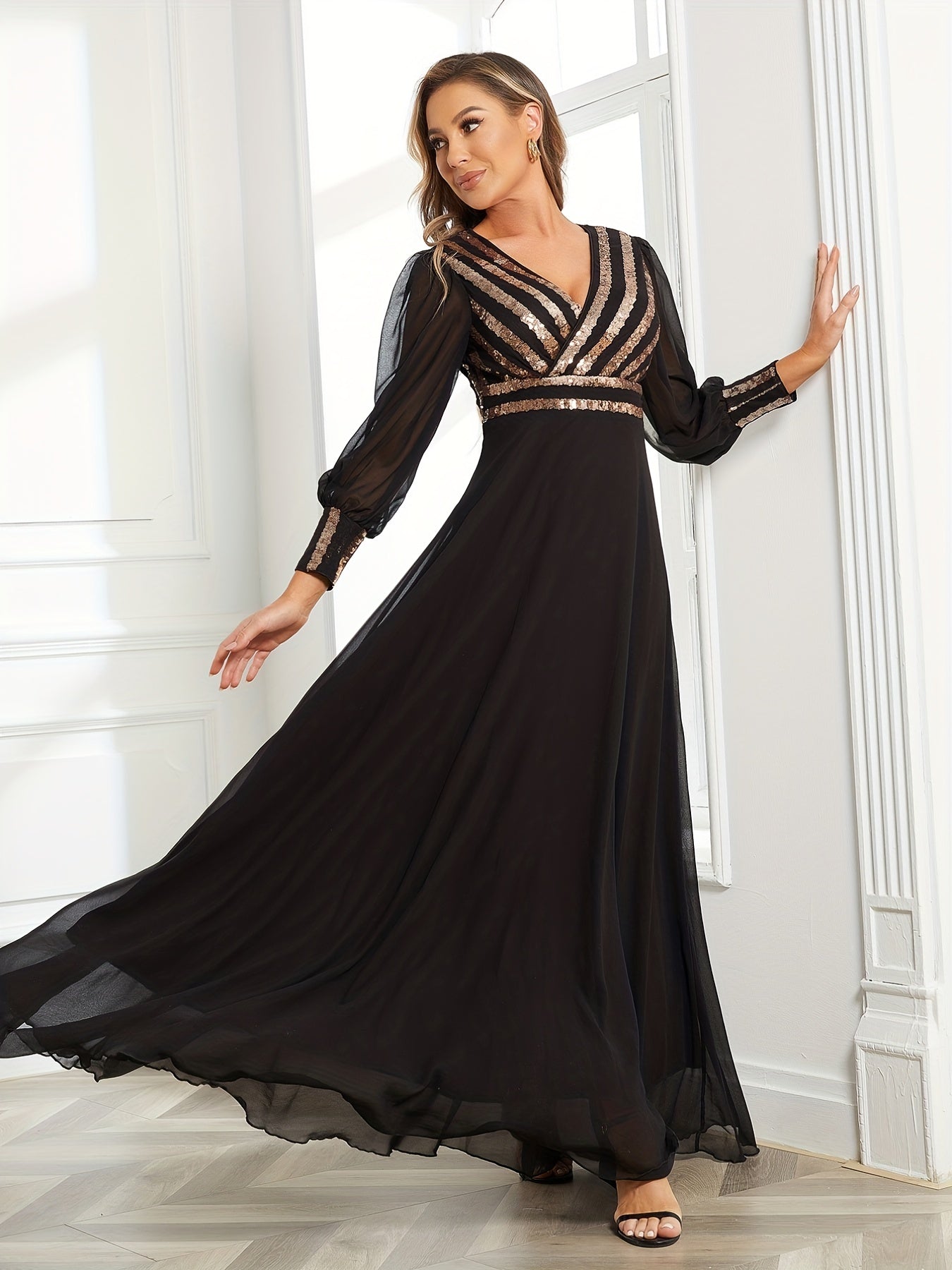 Elegant Striped Sequined Surplice Neck Dress, Sleeveless Ankle Dress For Party & Banquet, Women's Clothing