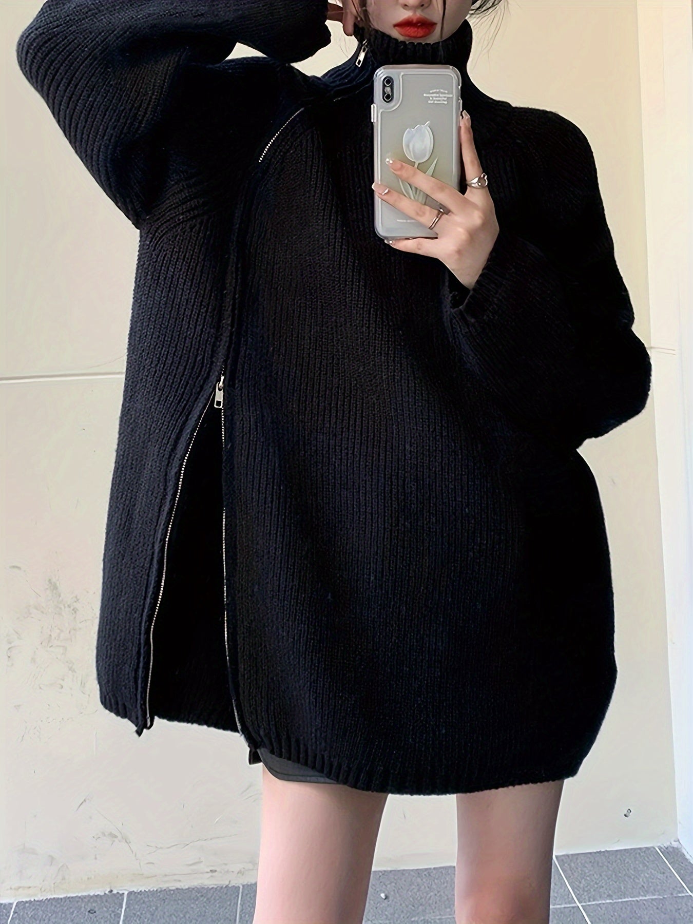 vlovelaw Solid Zip Up Oversized Pullover Sweater, Casual Turtle Neck Long Sleeve Sweater, Women's Clothing