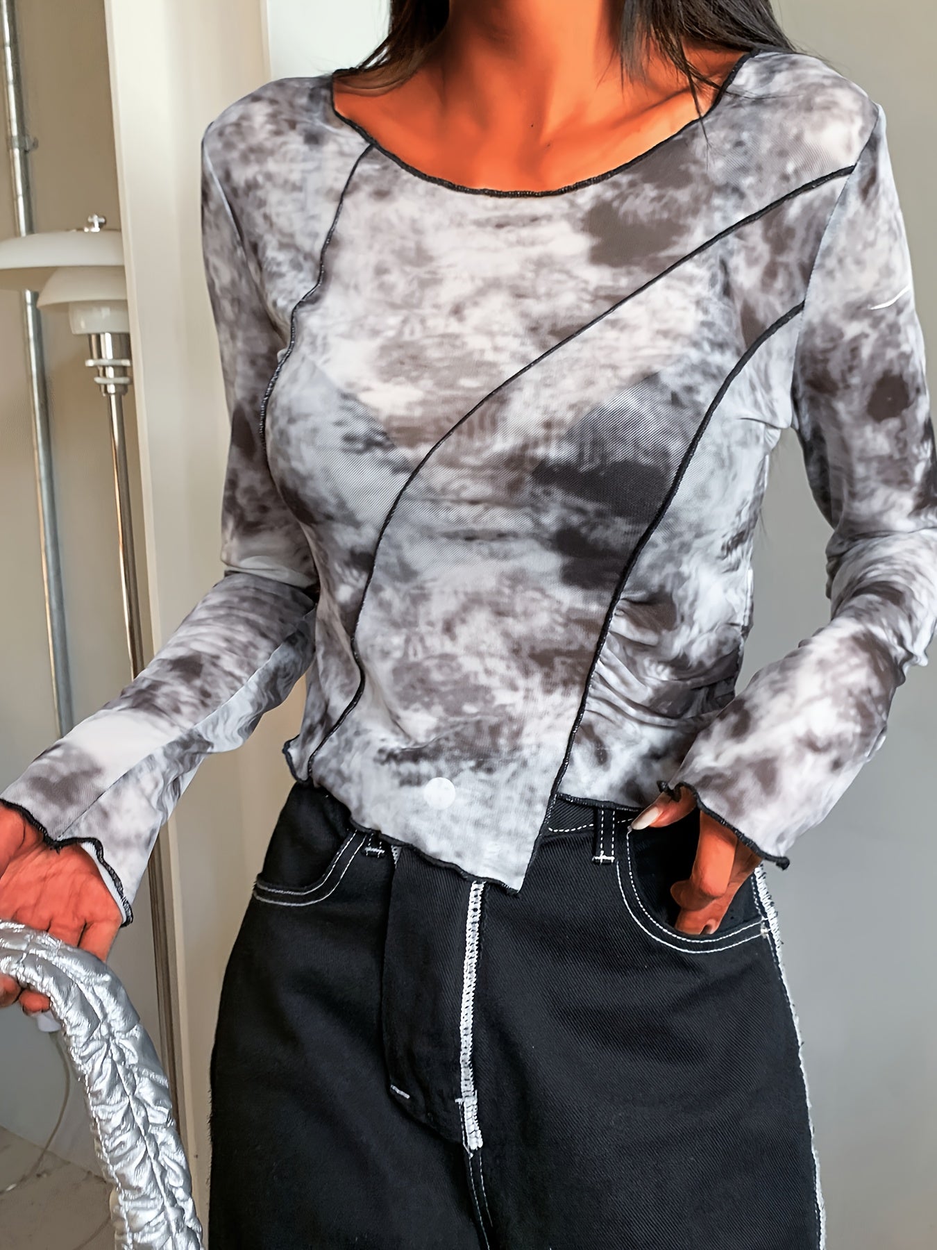 All Over Print Irregular Hem Mesh T-Shirt, Casual Long Sleeve Top For Spring & Summer, Women's Clothing