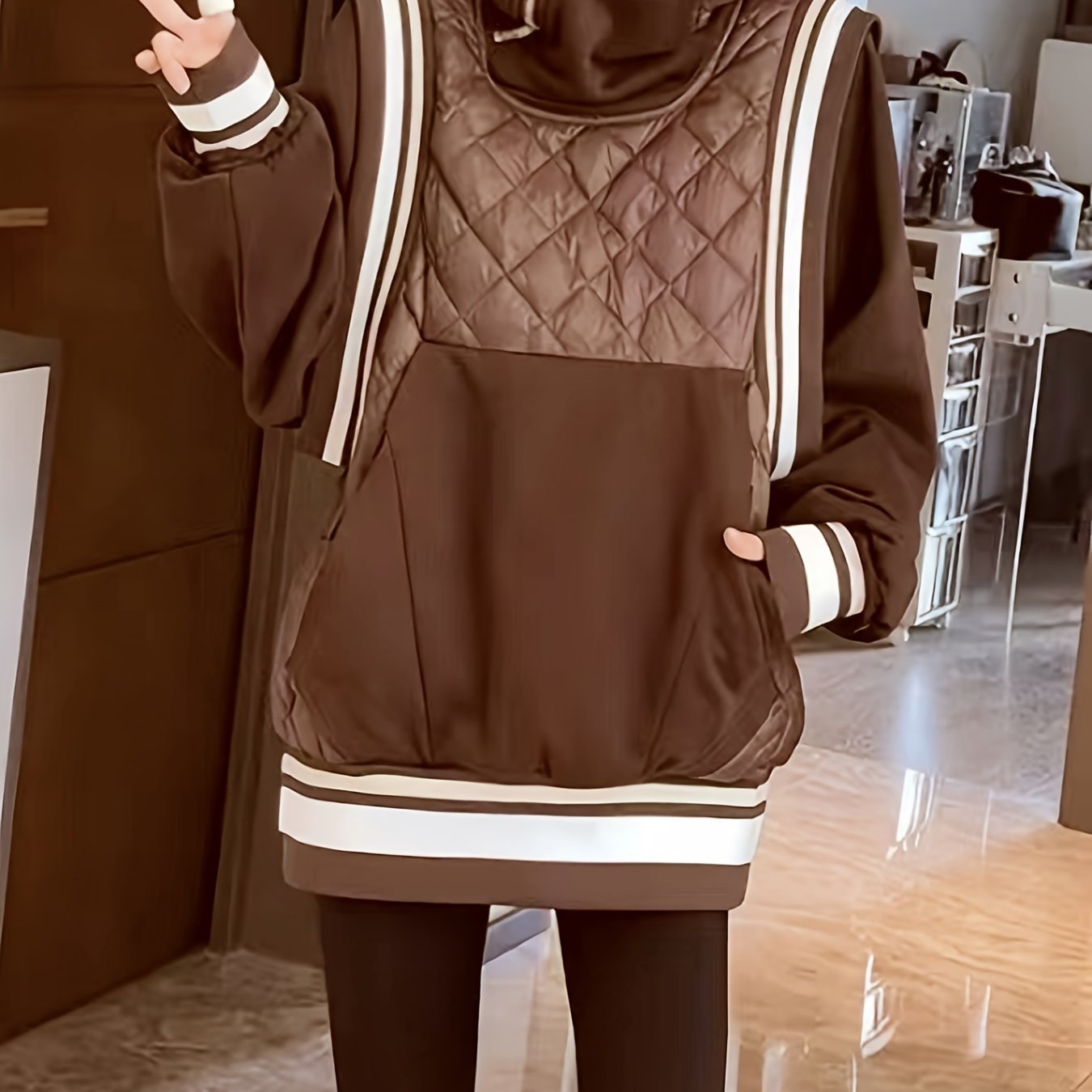 vlovelaw Color Block Cotton-padded Jacket Coat, Casual Long Sleeve Cowl Neck Warm Outwear For Winter, Women's Clothing