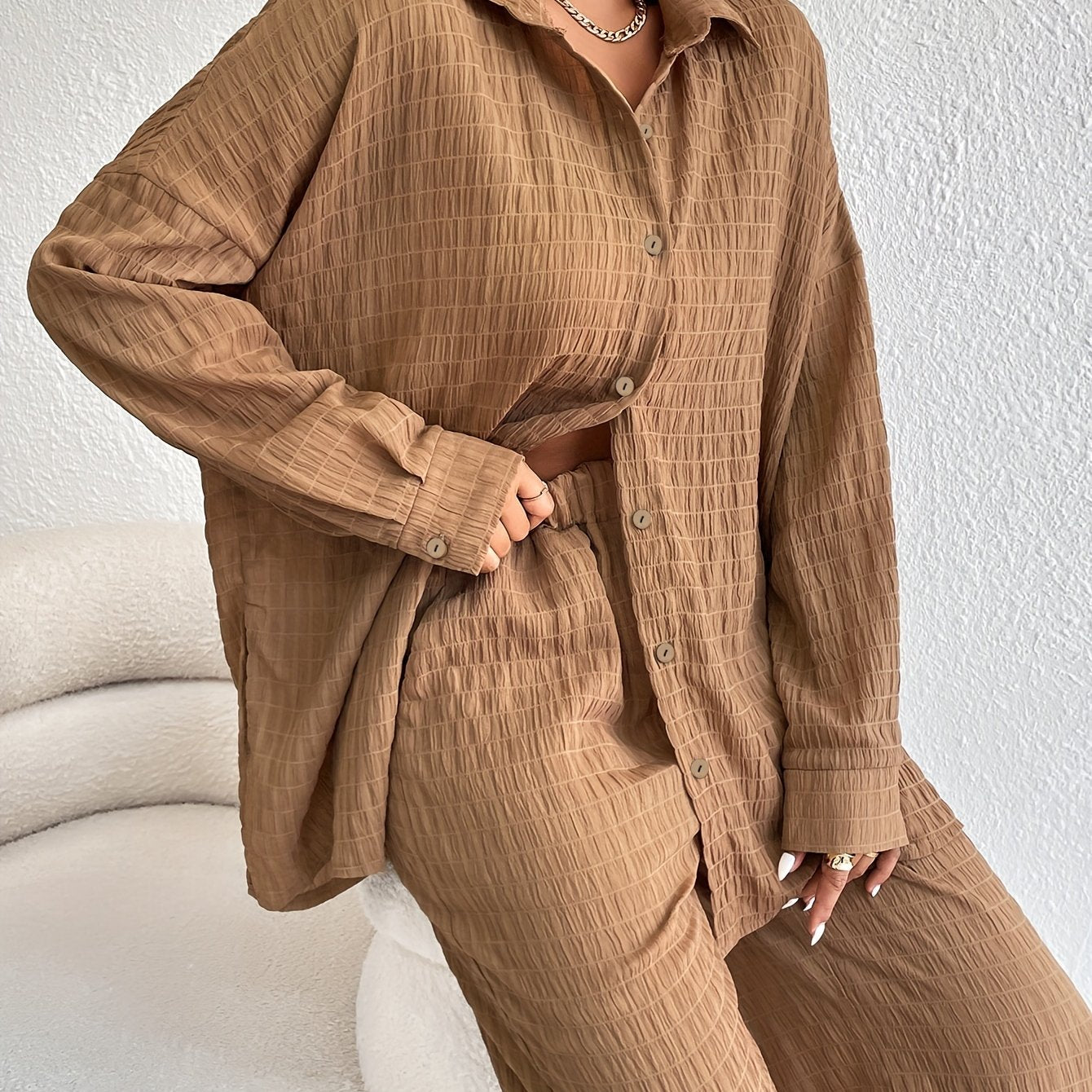 vlovelaw Ruched Textured Two-piece Set, Polo Collar Button Shirt & Loose Pants Outfits, Women's Clothing