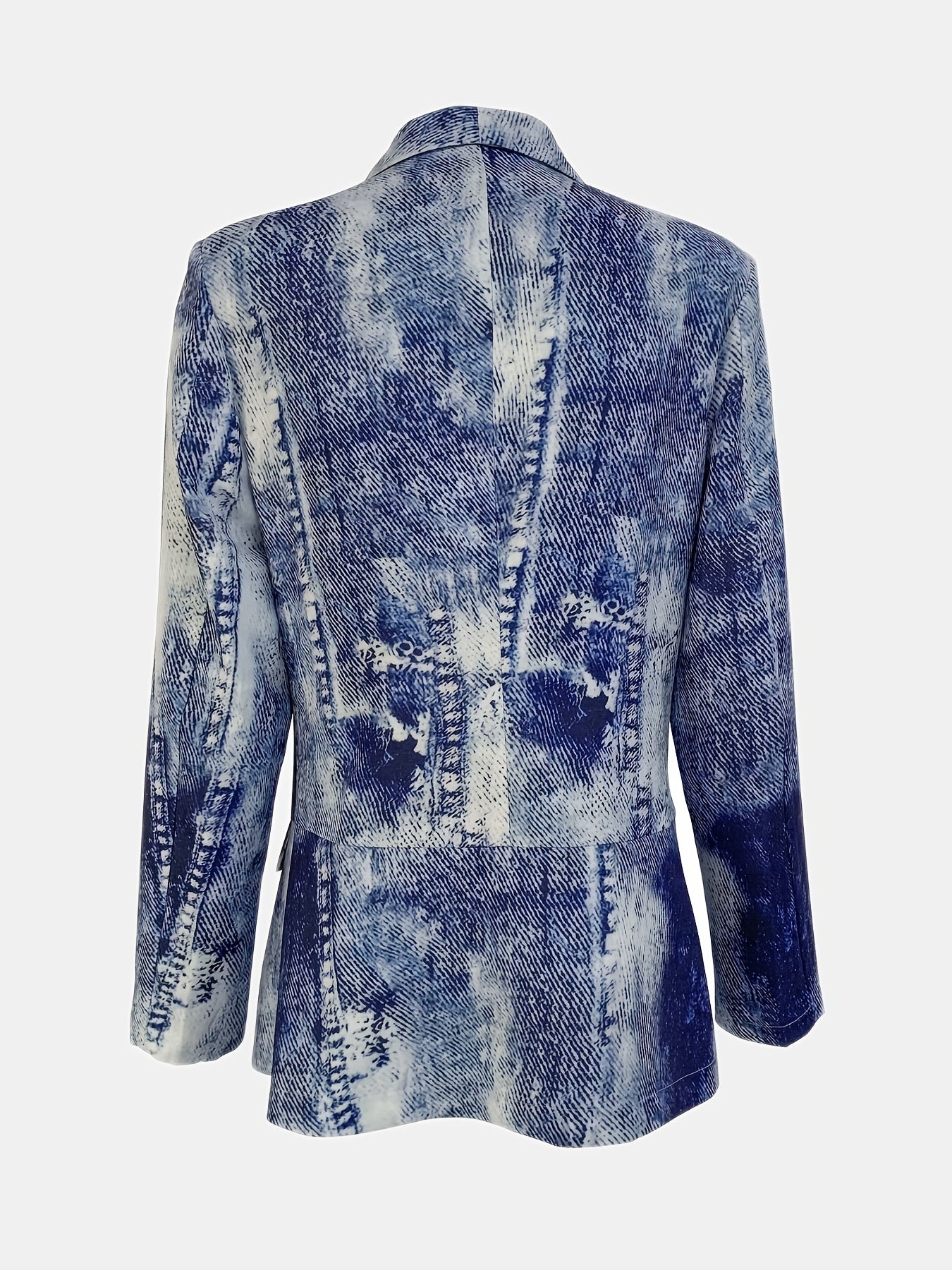 Denim Print Double Breasted Lapel Neck Blazer, Casual Long Sleeve Blazer For Office & Work, Women's Clothing