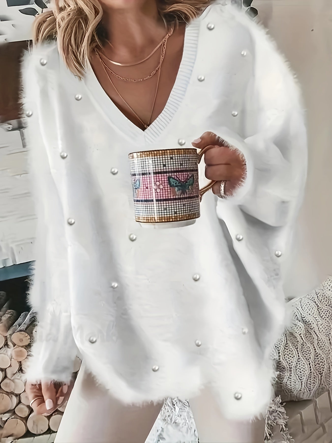 Rhinestone V Neck Fuzzy Sweater, Casual Long Sleeve Loose Sweater, Women's Clothing