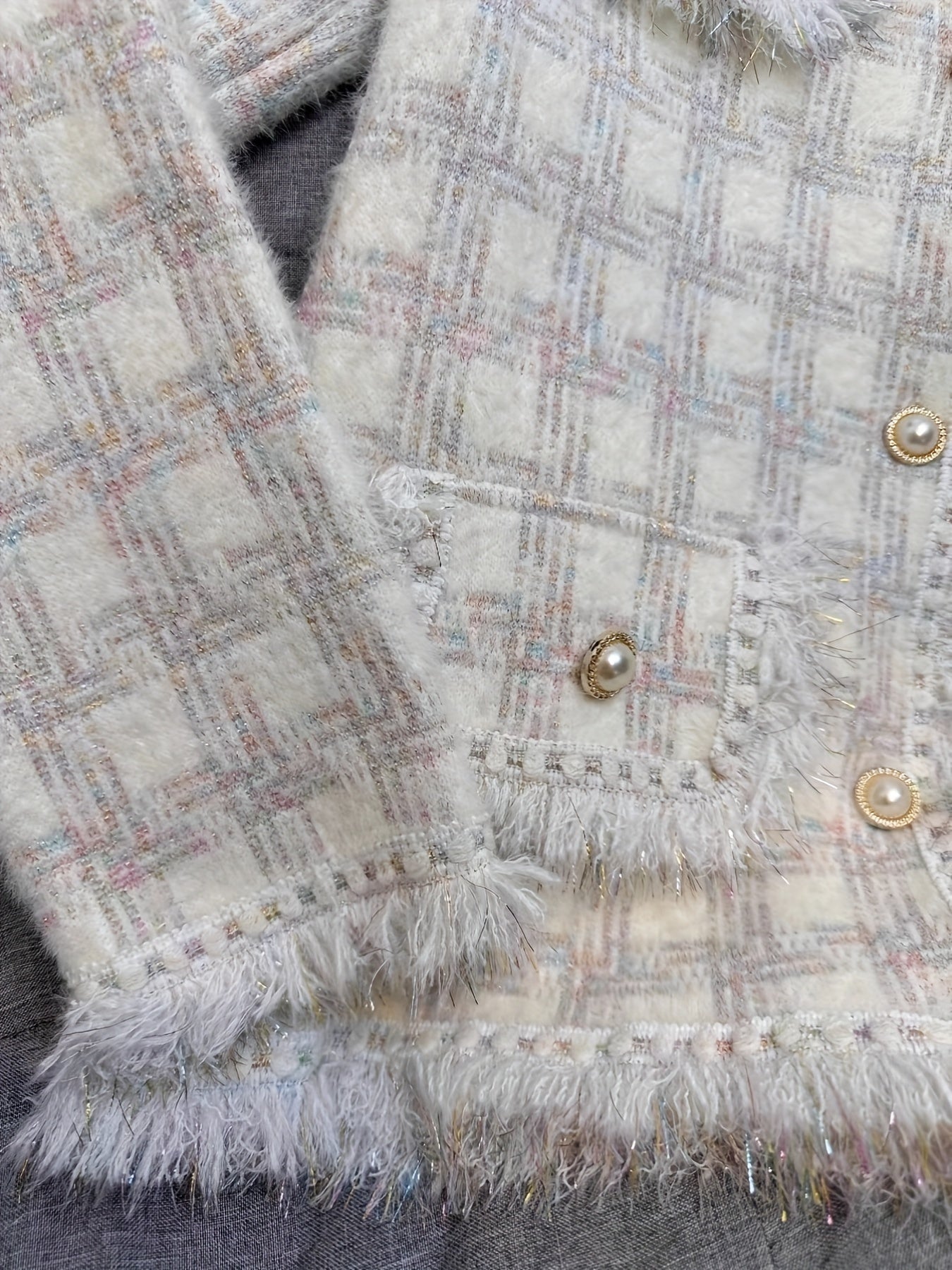 Women's Chic Long Sleeve Knitted Coat - Elegant Plaid Design, Button Front, Raw Trim, Dual Pockets, Fall & Winter Essential