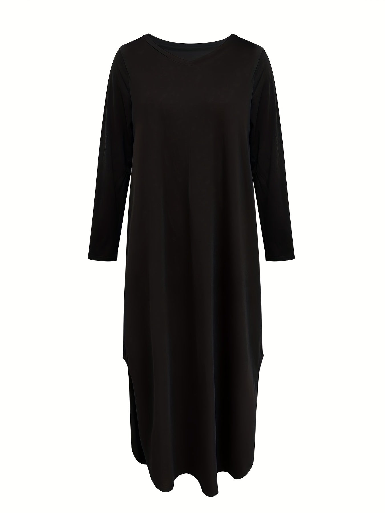 vlovelaw Solid V Neck Split Dress, Casual Long Sleeve For Spring & Summer, Women's Clothing