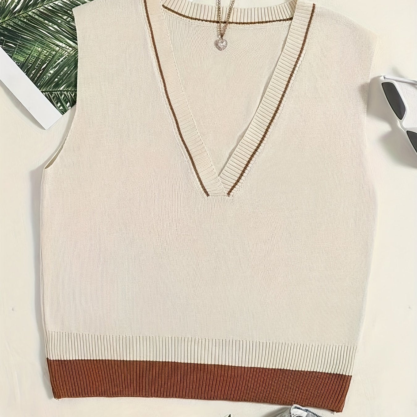 vlovelaw Elegant V Neck Crop Knitted Vest, Sleeveless Sweater For Spring & Fall, Women's Clothing
