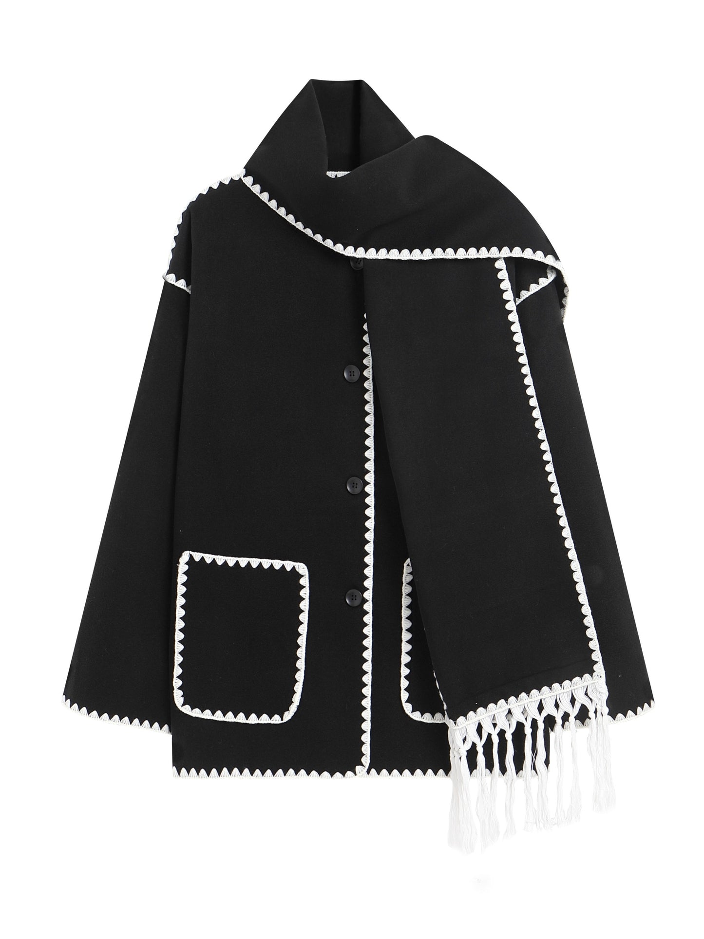 vlovelaw Contrast Trim Button Front Coat, Casual Long Sleeve Warm Outerwear, Women's Clothing