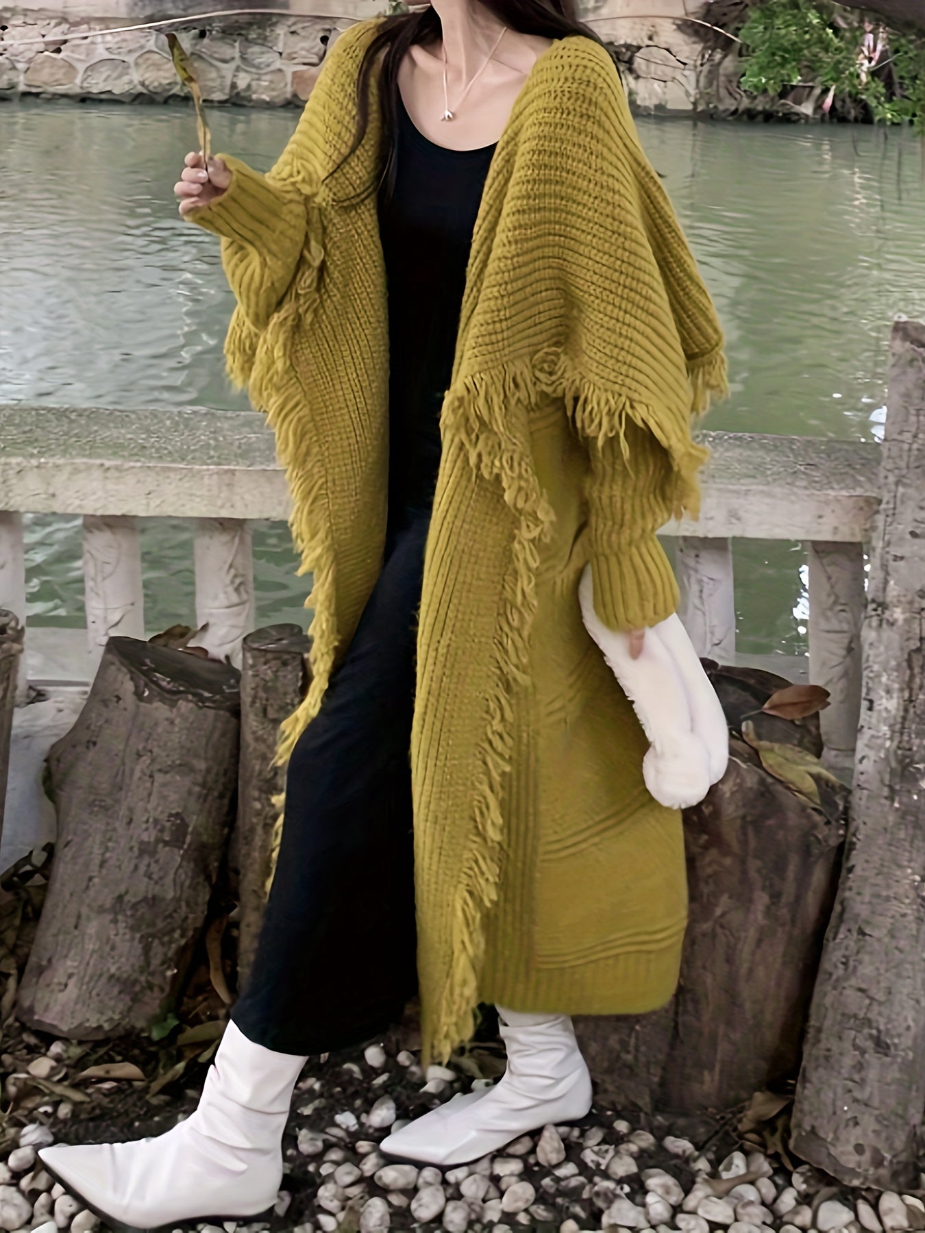 vlovelaw vlovelaw Fringe Trim Open Front Solid Cardigan, Long Sleeve Cardigan For Fall & Winter, Women's Clothing