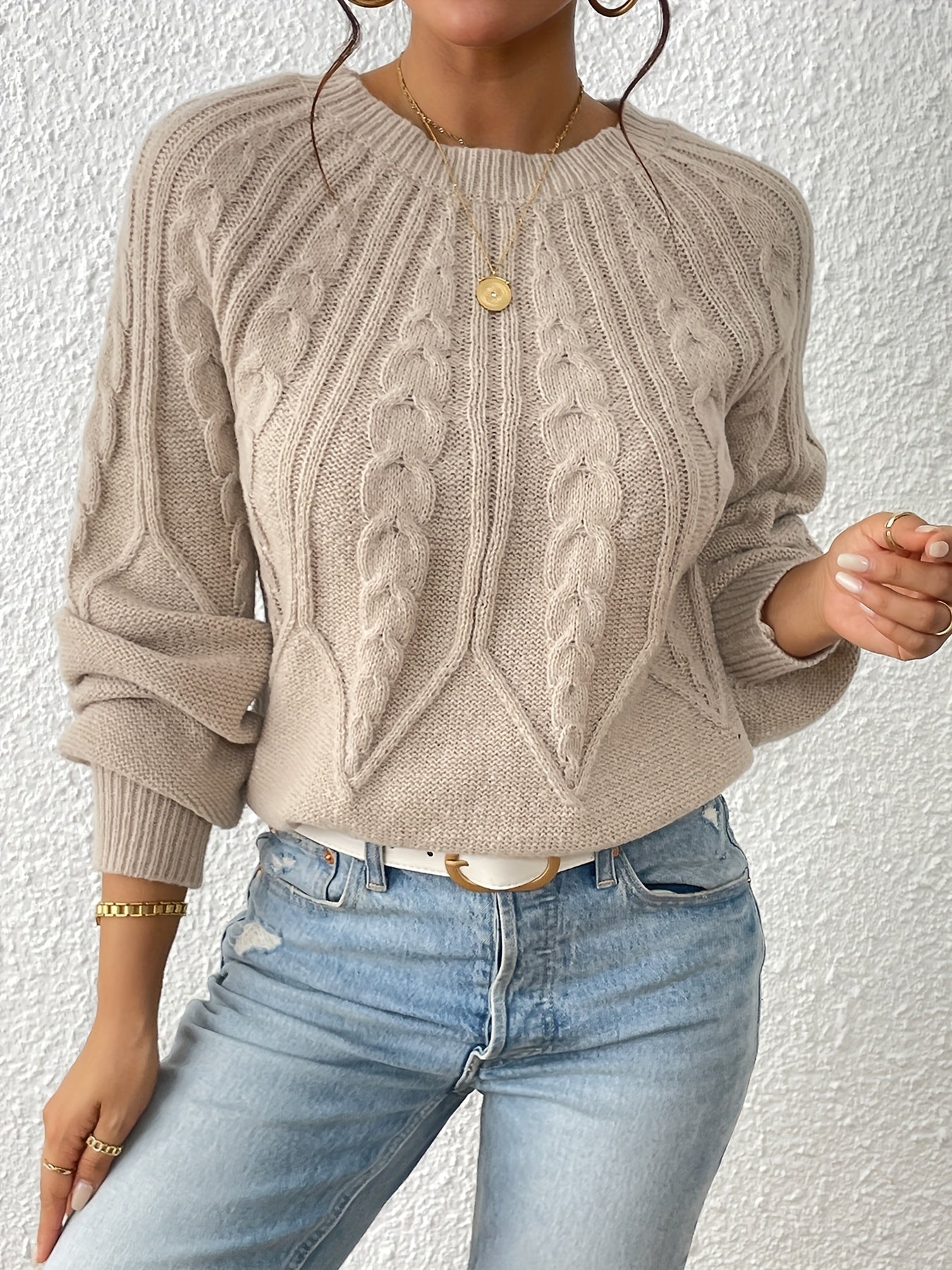 Solid Crew Neck Pullover Sweater, Casual Lantern Sleeve Criss Ruffle Trim Knit Sweater For Fall & Winter, Women's Clothing