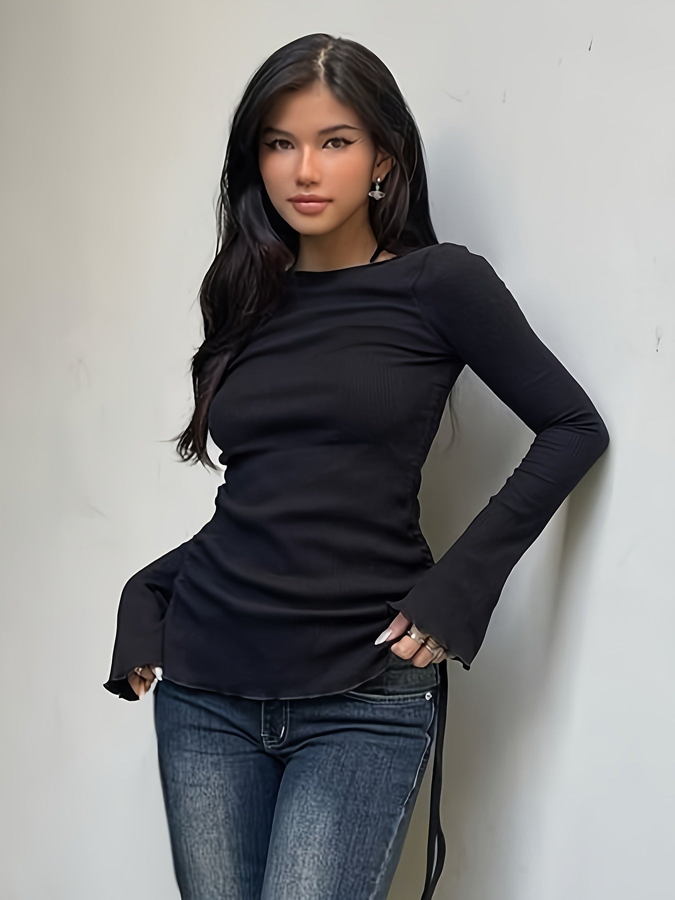 Solid Crew Neck T-shirt, Casual Long Sleeve Ruched Top For Spring & Fall, Women's Clothing