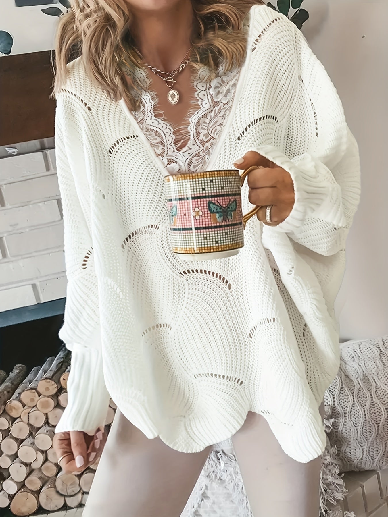 Solid Eyelet Scallop Hem Knit Sweater, Casual Lace V Neck Long Sleeve Pullover Sweater, Women's Clothing