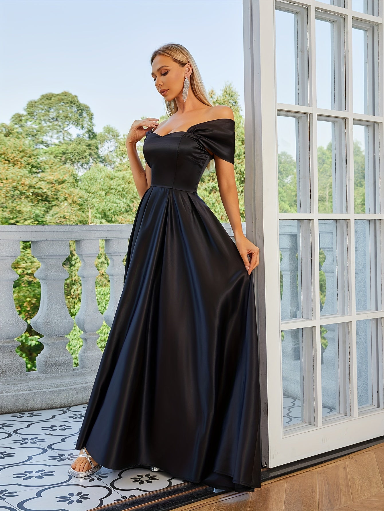 vlovelaw Solid Off Shoulder Aline Dress, Elegant Ruffle Hem Dress For Wedding Party, Women's Clothing