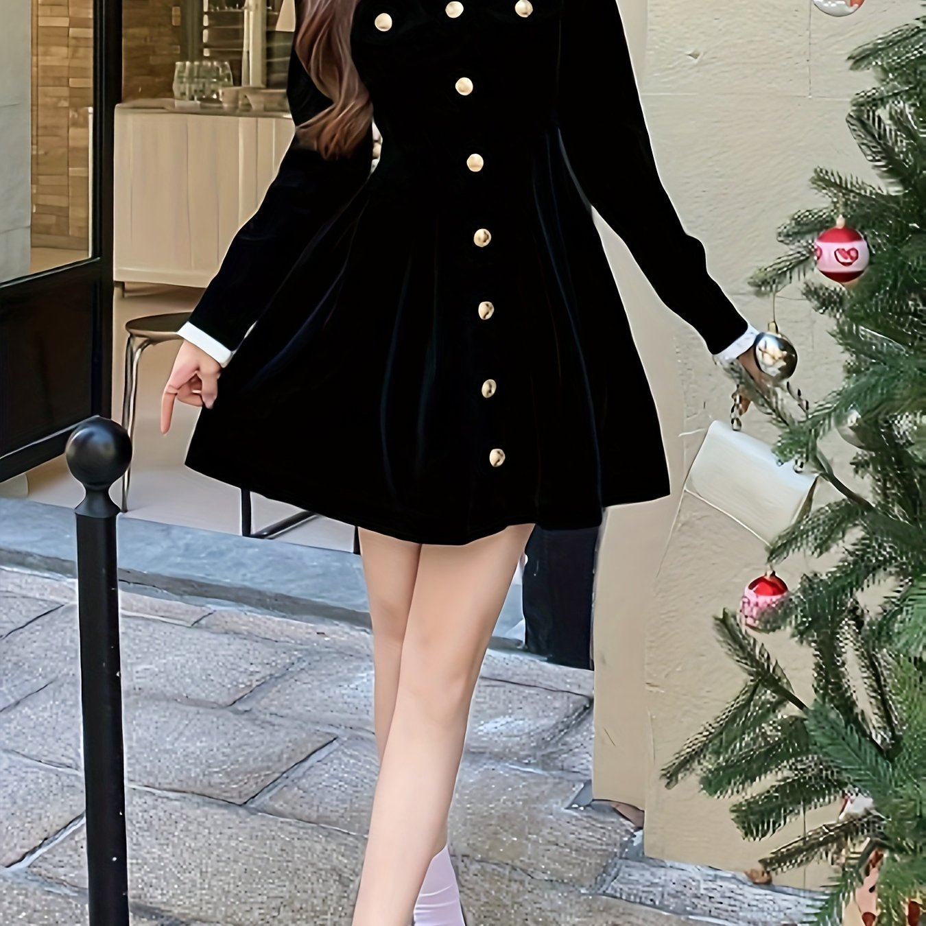 vlovelaw Solid Button Front Waist Velvet Dress, Elegant Long Sleeve Frill Trim Dress, Women's Clothing