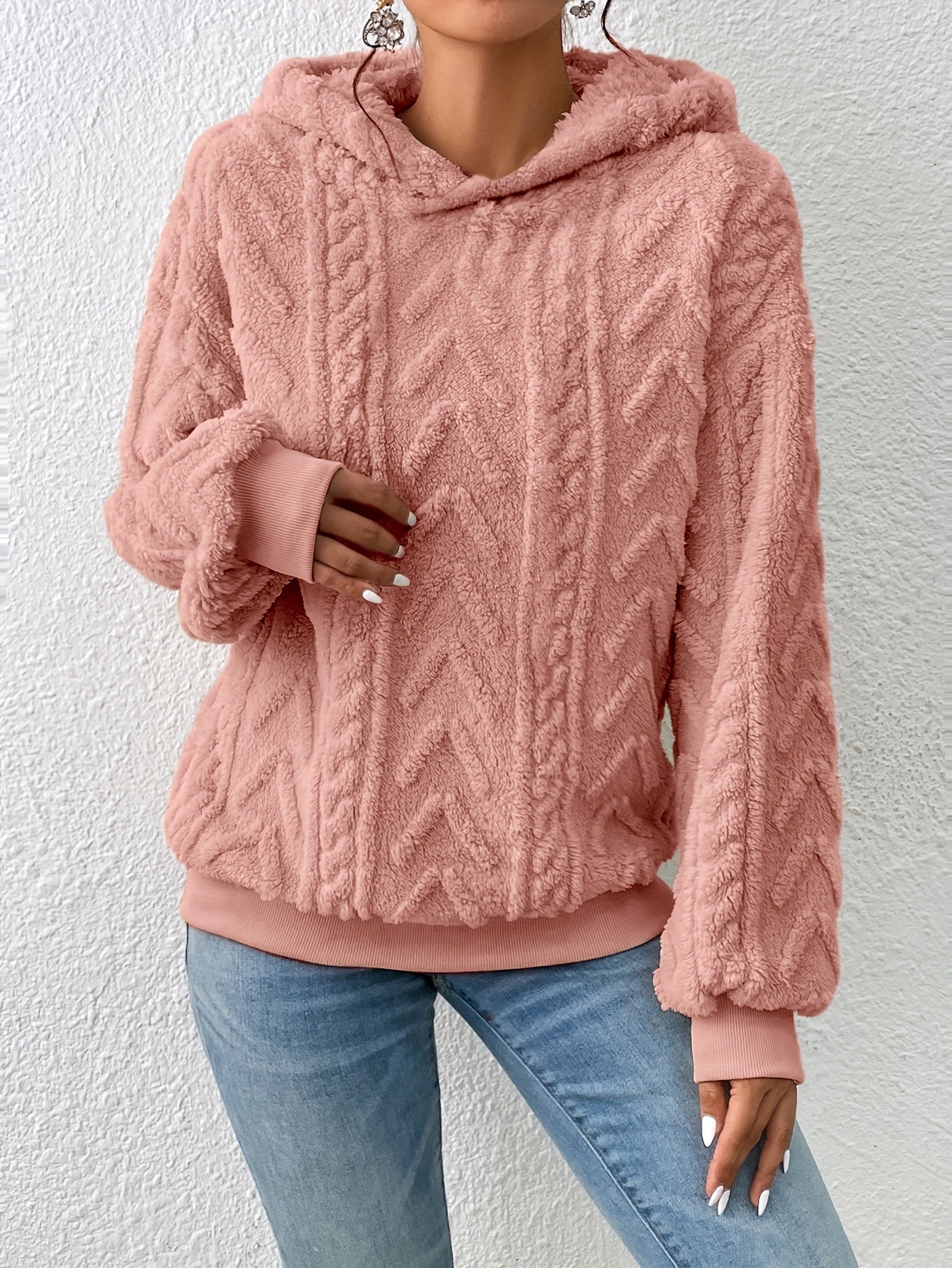 vlovelaw Textured Hoodie Plush Sweatshirt, Casual Long Sleeve Hoodies Sweatshirt, Women's Clothing