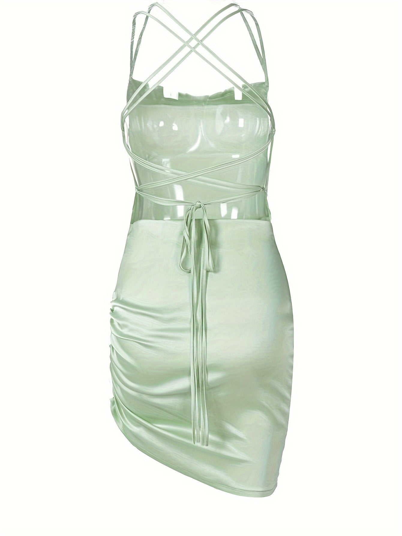 Backless Halter Neck Ruched Dress, Sexy Solid Sleeveless Asymmetric Hem Party Dress, Women's Clothing