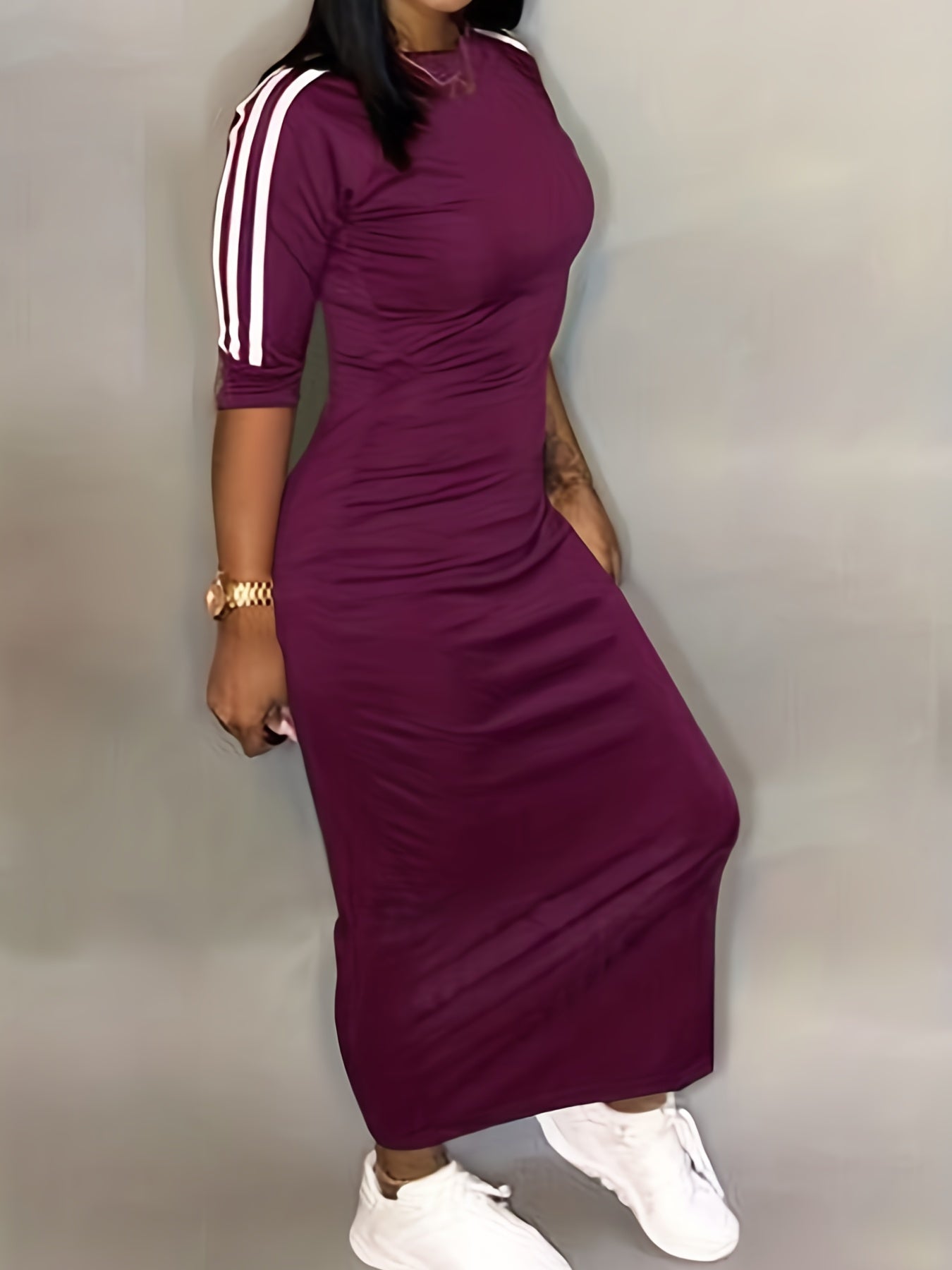vlovelaw Striped Print Maxi Dress, Casual Crew Neck Dress For Spring & Summer, Women's Clothing