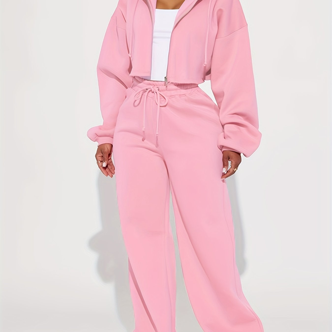 vlovelaw Casual Solid Two-piece Pants Set, Long Sleeve Zipper Front Hooded Top & Drawstring Wide Leg Pants Outfits, Women's Clothing