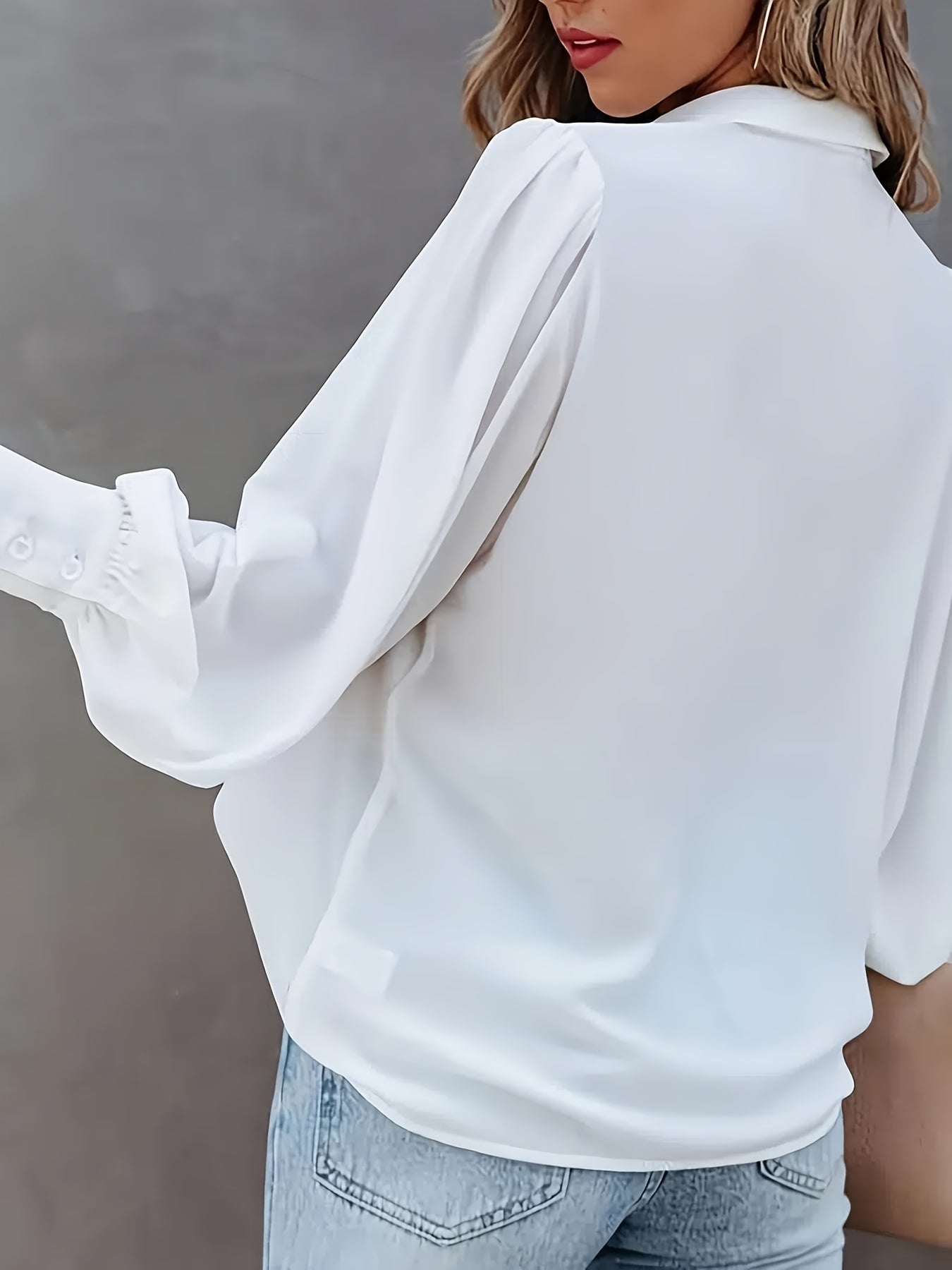 Solid Lapel Long Lantern Sleeve Button Down Shirt, Loose Lightweight Elegant Office Shirt, Women's Clothing