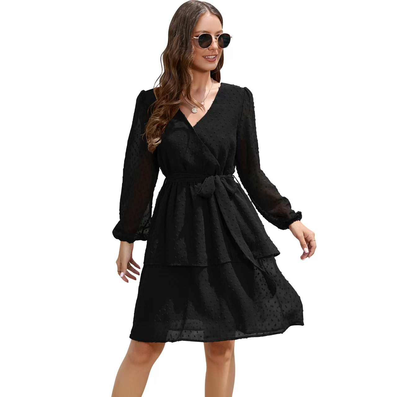Vlovelaw Swiss Dot V-Neck Dress With Belt(3 Colors)