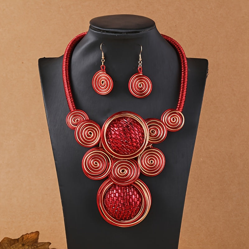 1 Pair Of Earrings + 1 Necklace Boho Style Jewelry Set Exaggerated Spiral Design Pick A Color U Prefer Match Daily Outfits Party Accessories