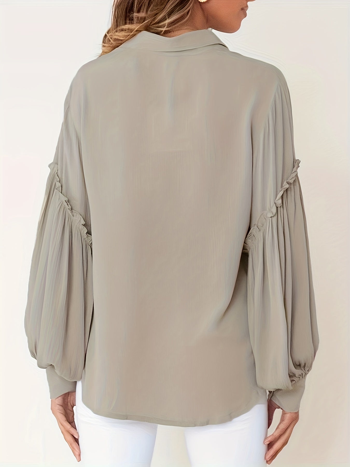 vlovelaw Solid Polo Collar Blouse, Casual Lantern Sleeve Blouse For Spring & Fall, Women's Clothing