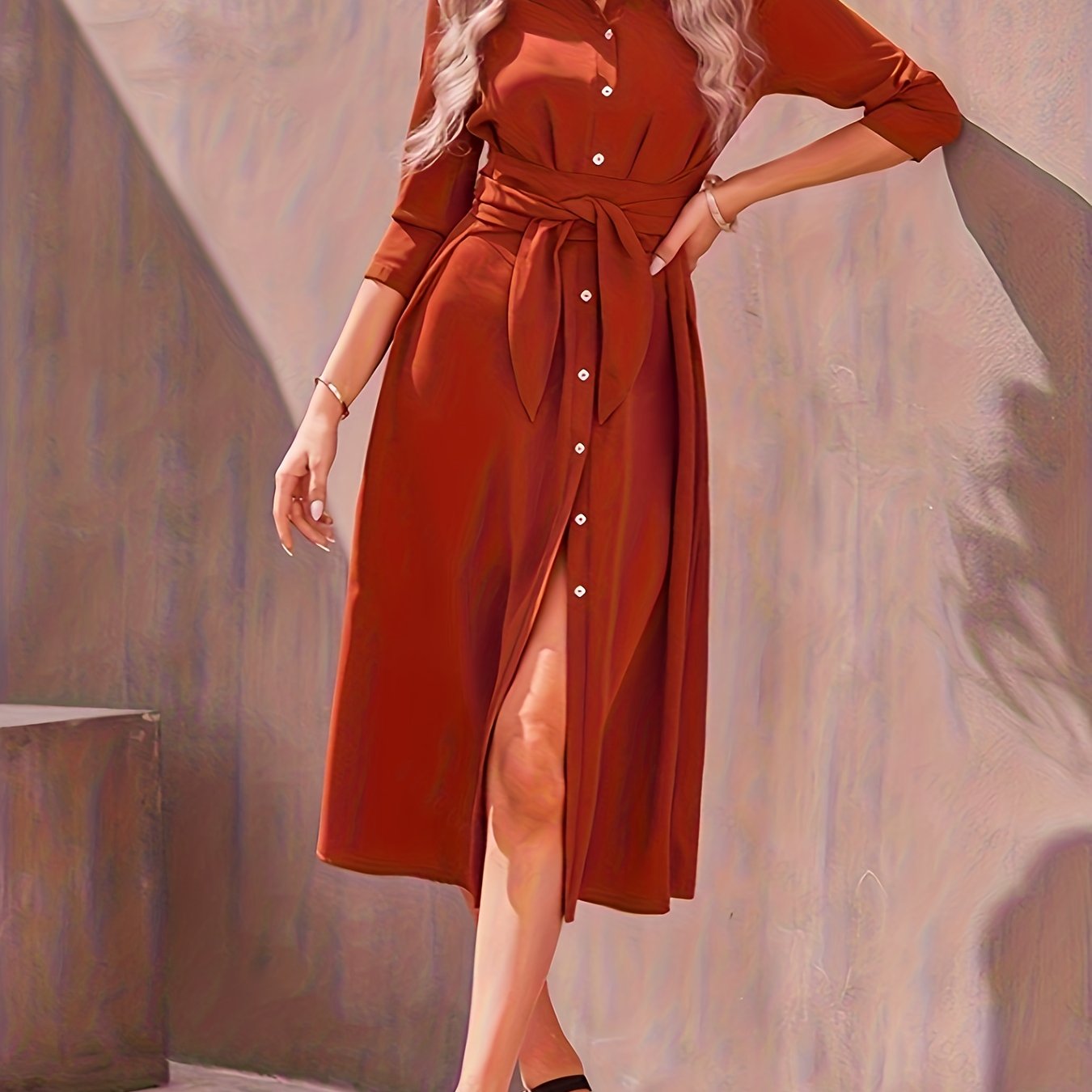 vlovelaw Button Front Long Sleeve Dress, Elegant Solid Midi Dress, Women's Clothing