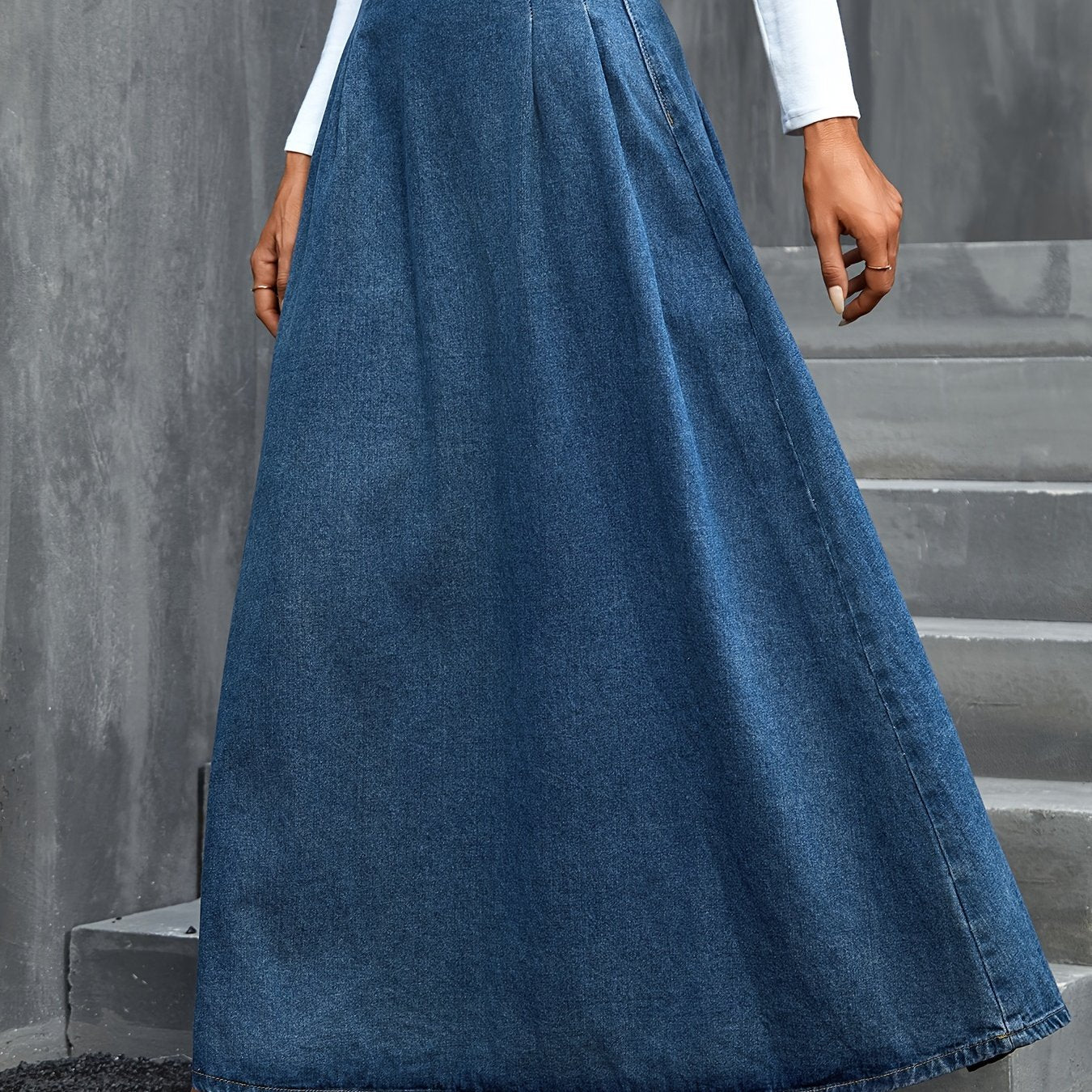 vlovelaw Blue Paperbag Waist Denim Maxi Skirt, Non-Stretch Elegant Denim Skirt, Women's Denim Clothing