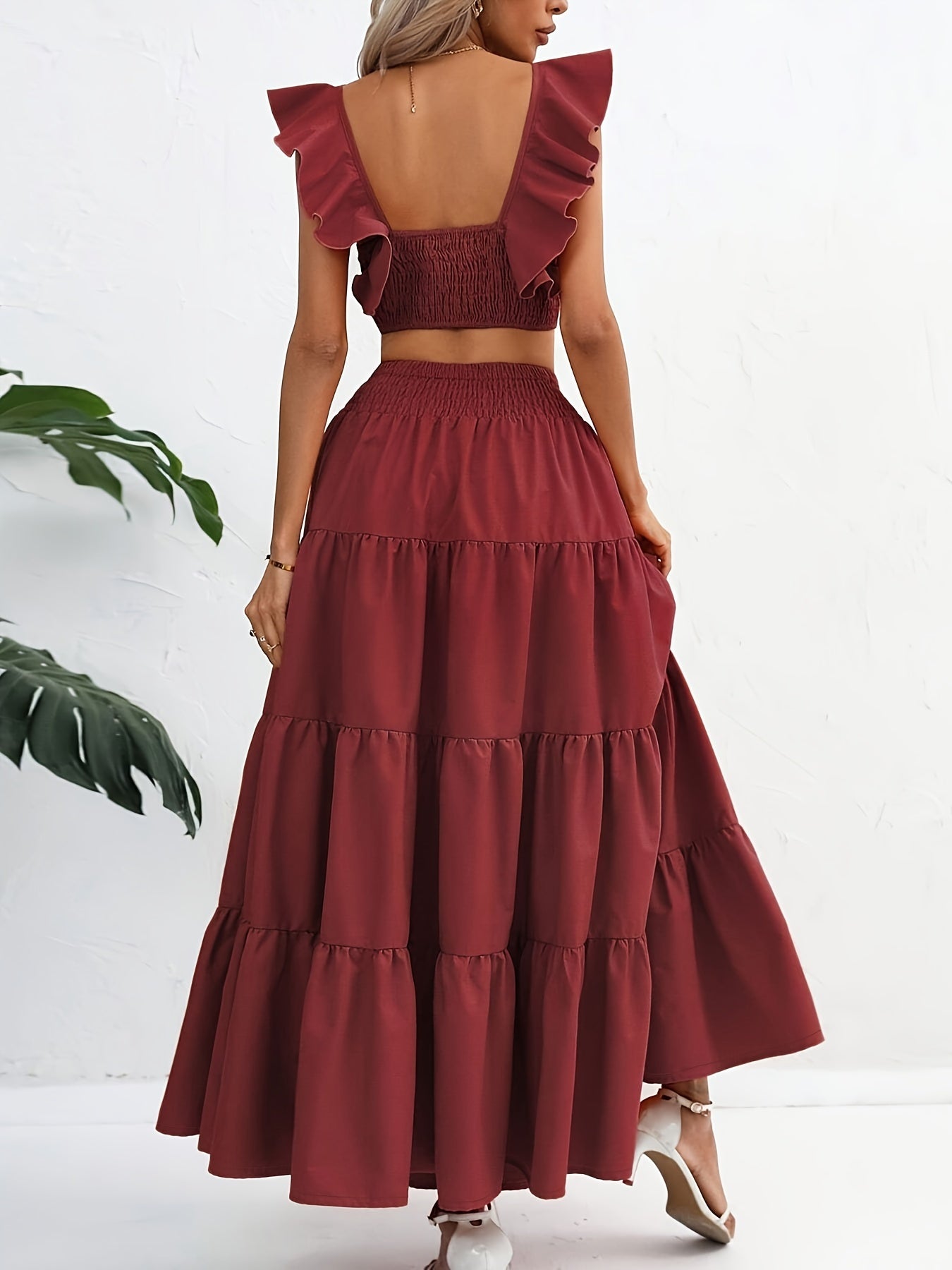 vlovelaw Solid Ruffle Shirred Skirt Suits, Square Neck Flutter Sleeve Backless Crop Top & Elastic High Waist A-line Skirt Outfits, Women's Clothing