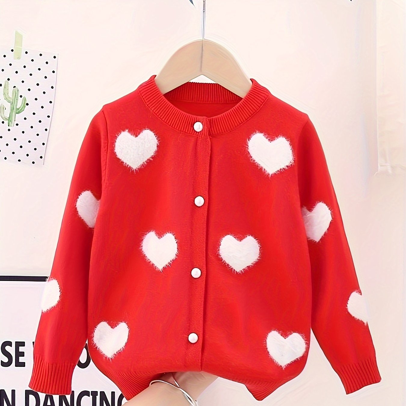 Adorable Girls Heart Pattern Knit Cardigan - Soft Long Sleeve Crew Neck Sweater Jacket with Cute Button Detail - Perfectly Short for a Chic, Elegant Style