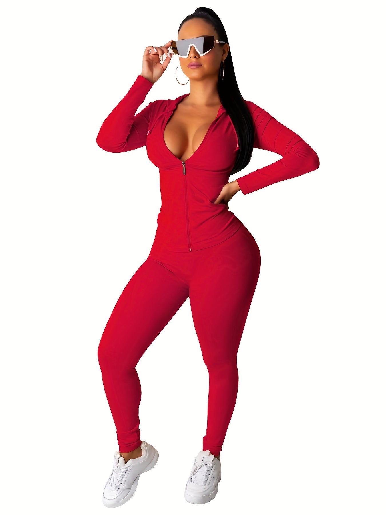 vlovelaw Solid Workout 2 Pieces Set, Drawstring Zip Up Hoodies With Pockets & Elastic Waist Jogger Pants Outfits, Women's Clothing