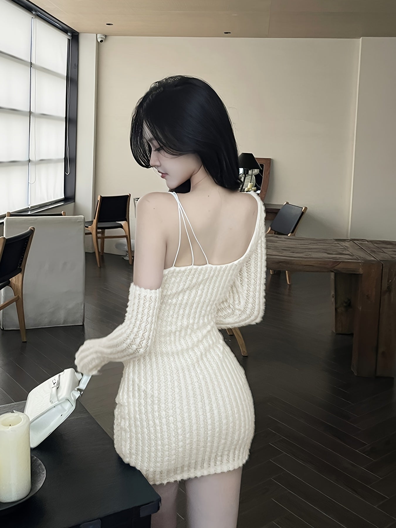 vlovelaw Solid Asymmetrical Neck Bodycon Dress, Sexy Long Sleeve Mini Dress For Spring & Fall, Women's Clothing