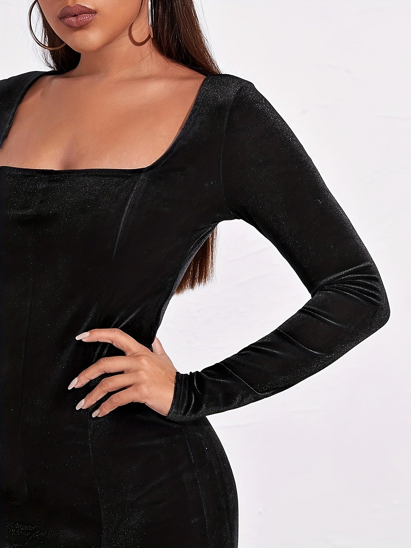 Squared Neck Split Mini Dress, Elegant Long Sleeve Bodycon Dress, Women's Clothing
