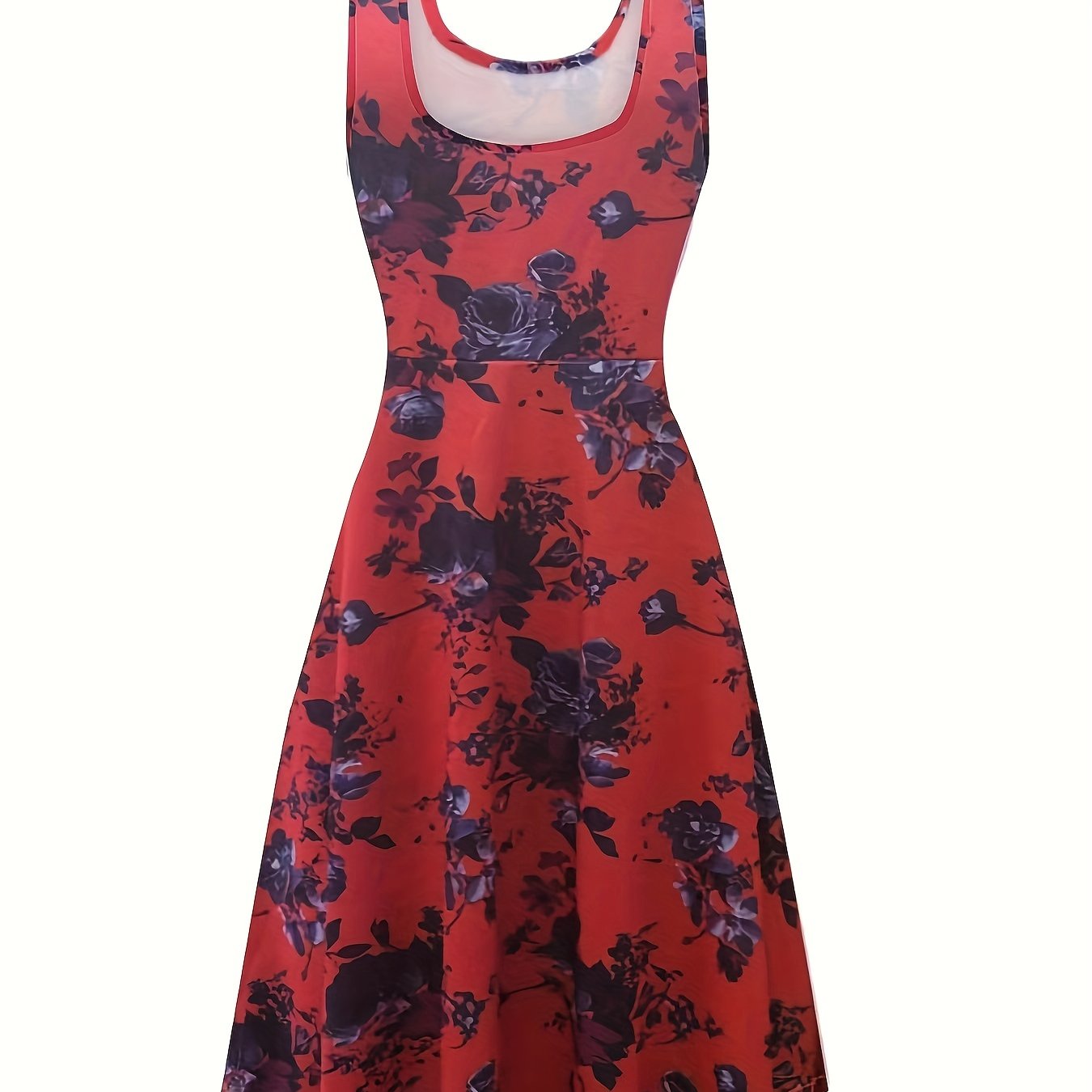 vlovelaw Plus Size Elegant Dress, Women's Plus Floral Print Round Neck Medium Stretch Tank Dress