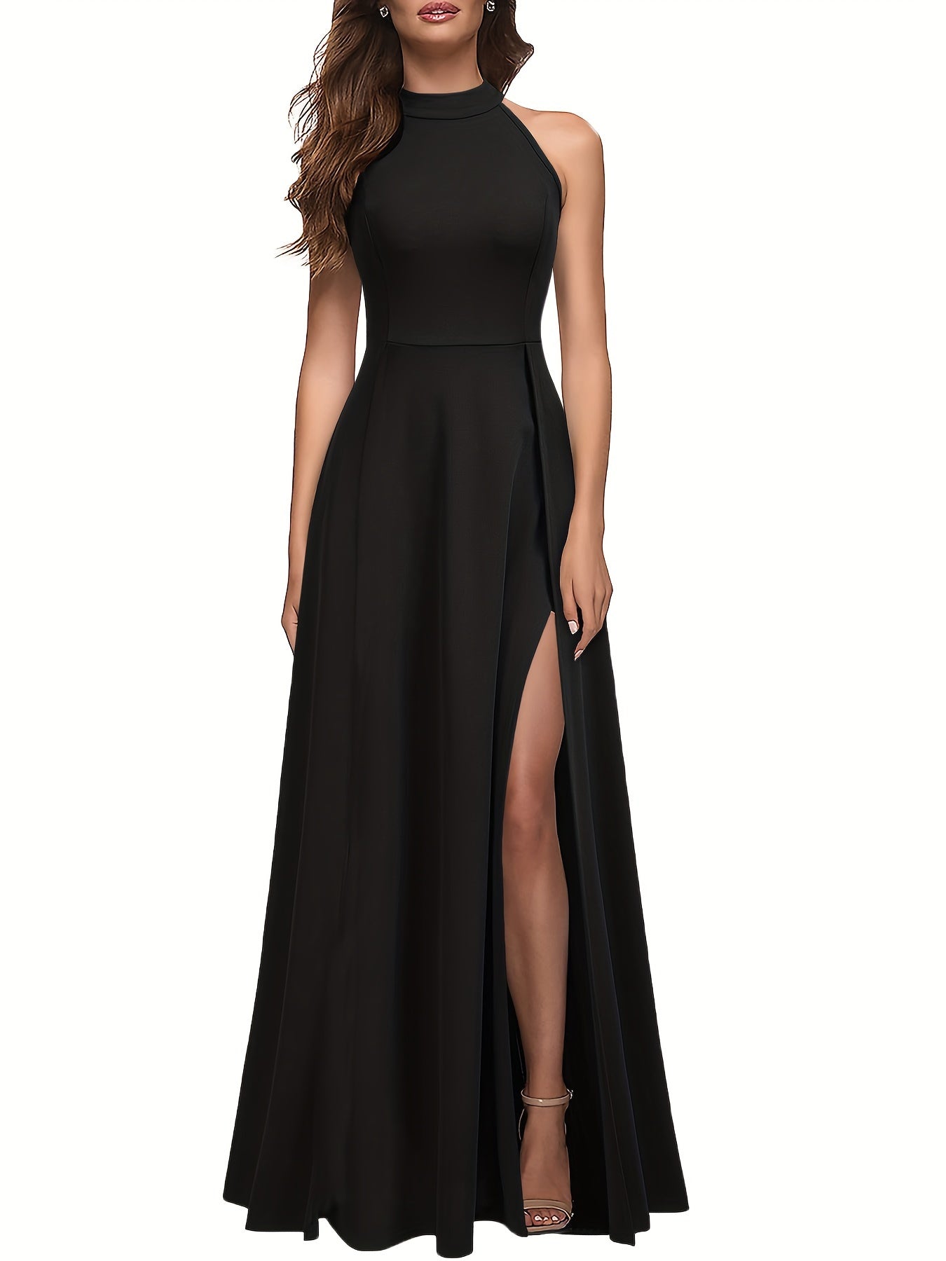 vlovelaw Split Thigh Mock Neck Dress, Elegant Sleeveless Solid Maxi Dress, Women's Clothing