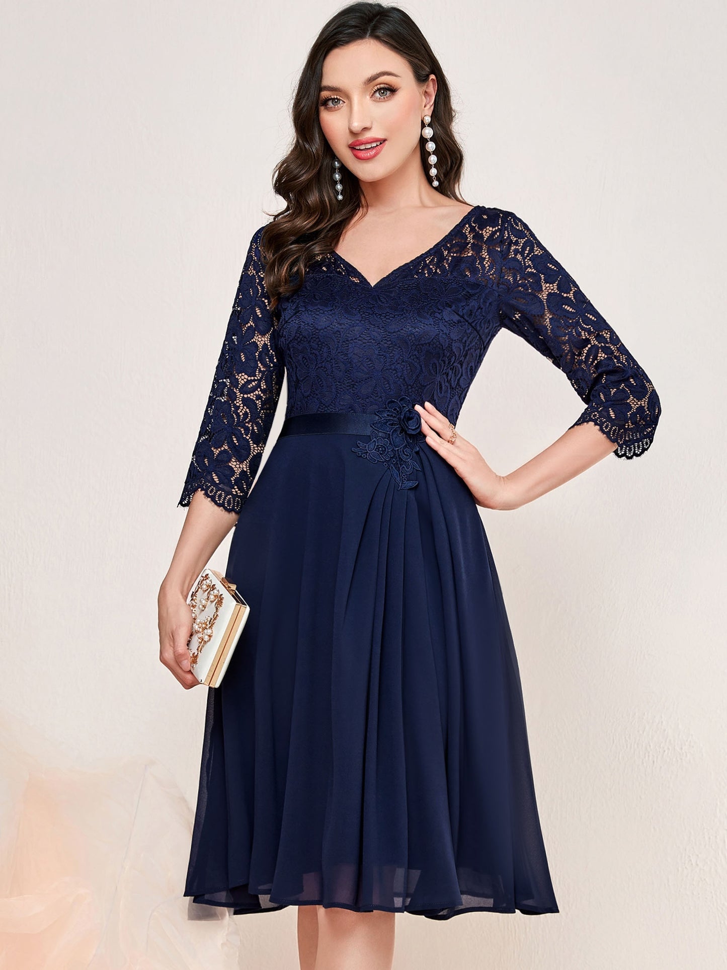 Contrast Lace Half Sleeve Dress, Elegant V Neck Cinched Waist Dress For Party & Banquet, Women's Clothing