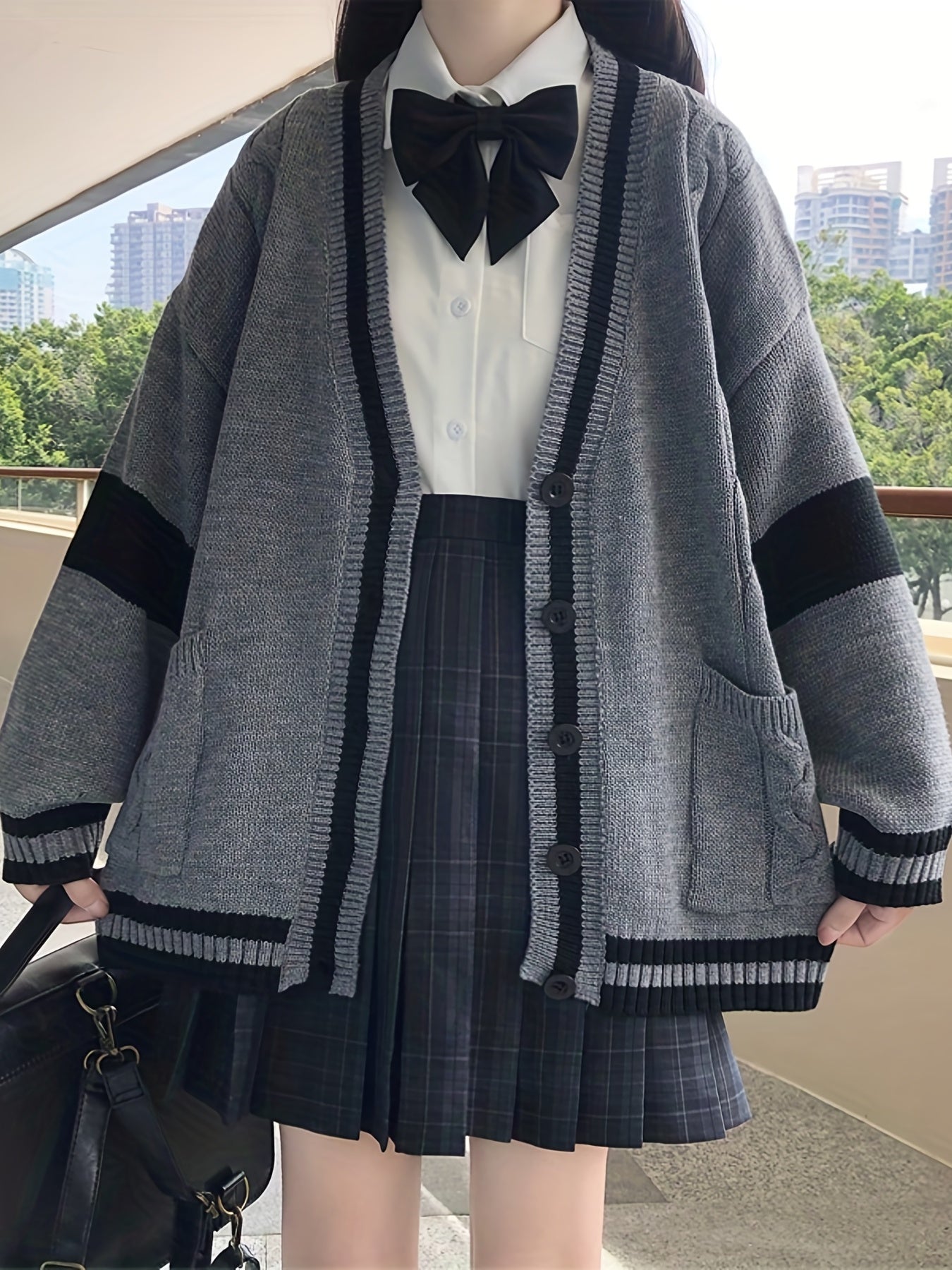 vlovelaw Color Block Button Front Knit Cardigan, Elegant V Neck Long Sleeve Sweater For Fall & Winter, Women's Clothing